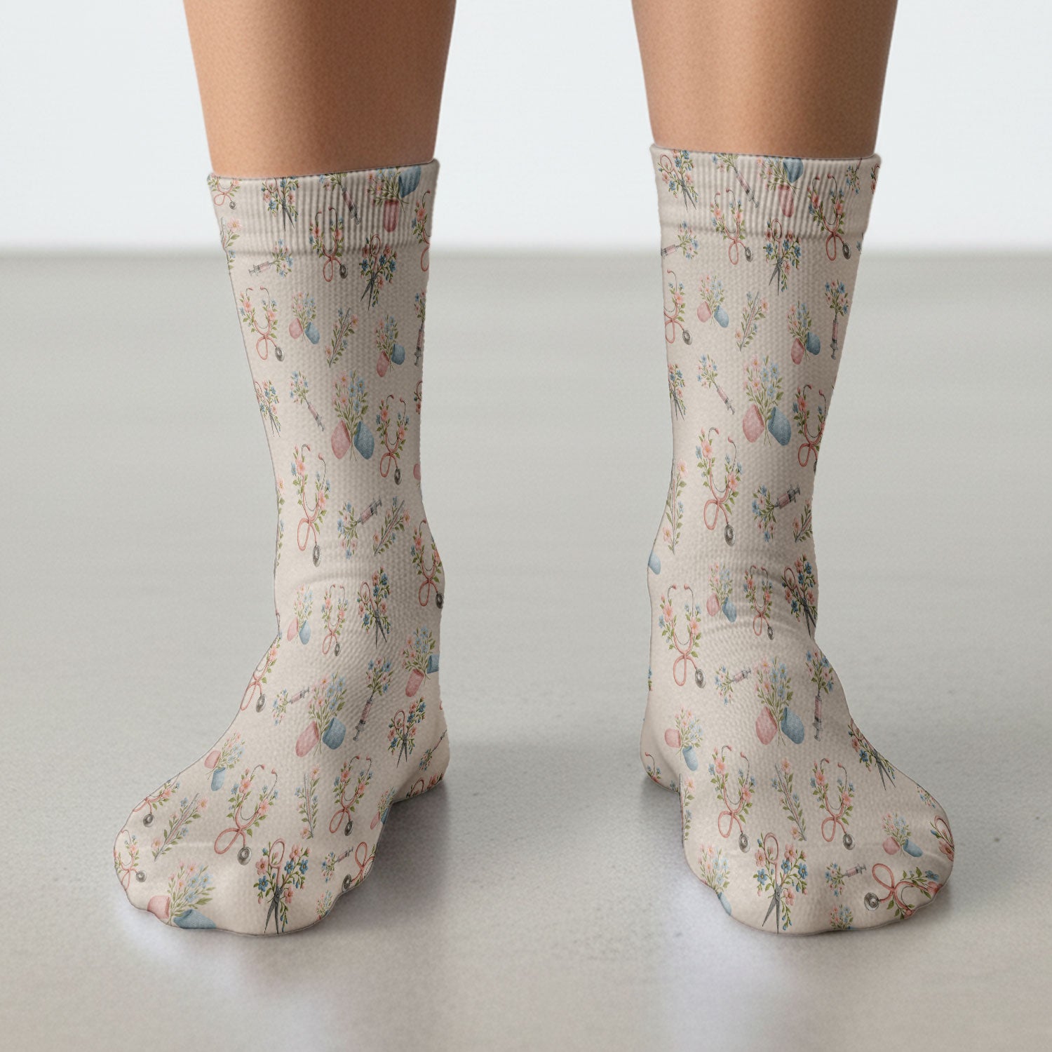 Floral Medical Scrub Socks, Elegant Stethoscope With Flower Nursing Sock, Breathable Fabrics Nurse Uniform
