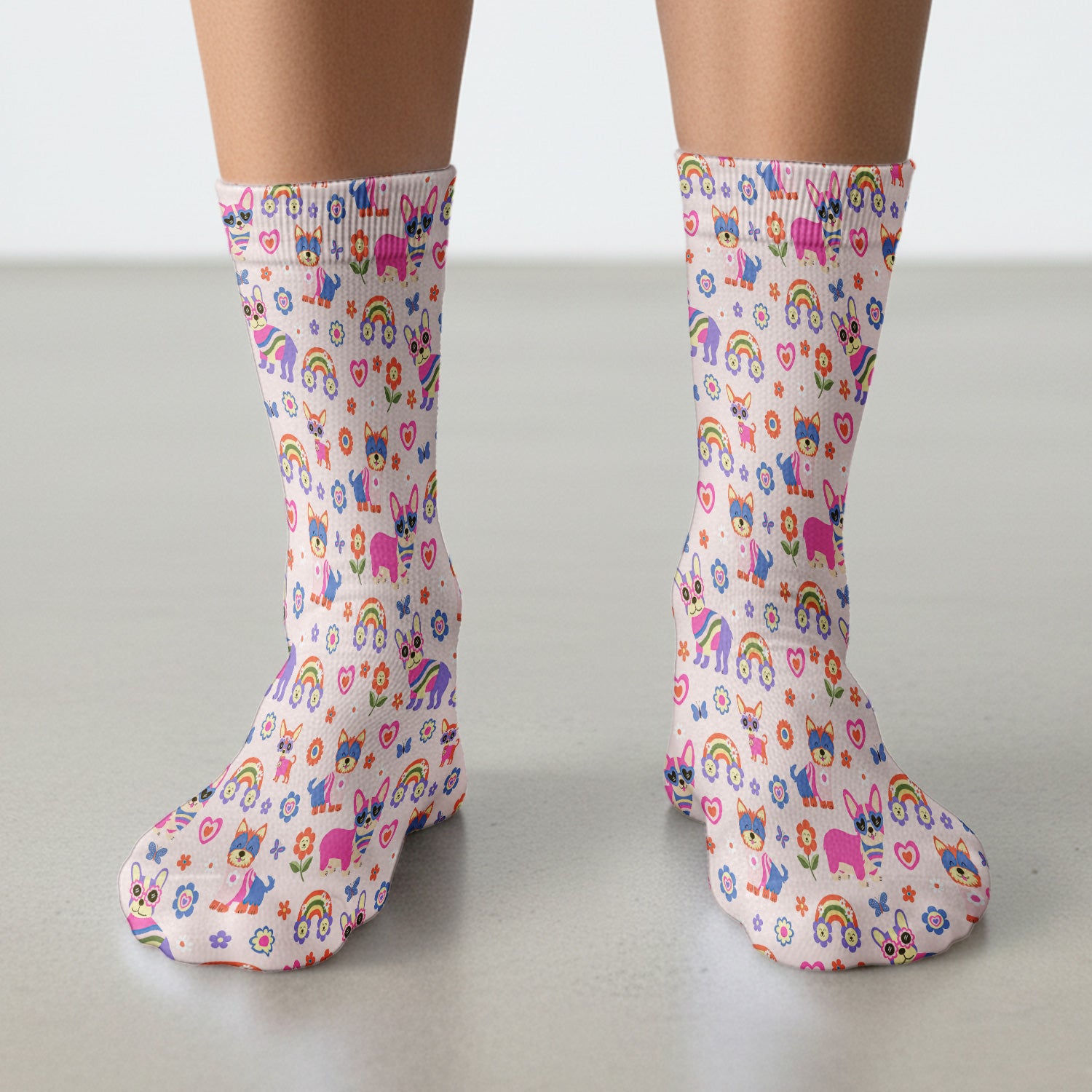 Colorful Cartoon Dogs With Rainbow Flowers Pattern Socks, Adult Socks for Men and Women