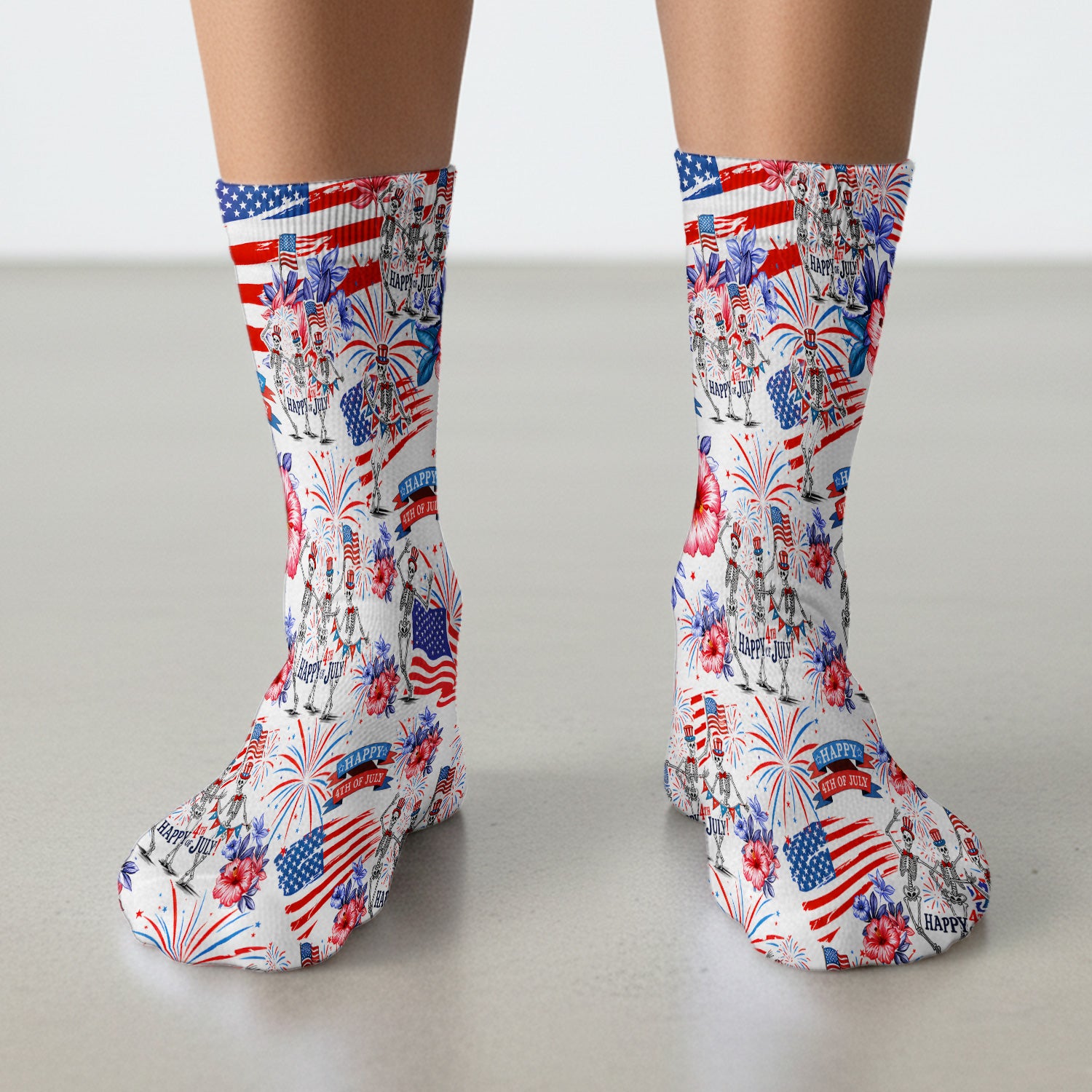 Funny 4th Of July Skeleton Nurse for RN & CNA, Patriotic Fireworks Medical Uniform Socks, Adult Socks for Men and Women