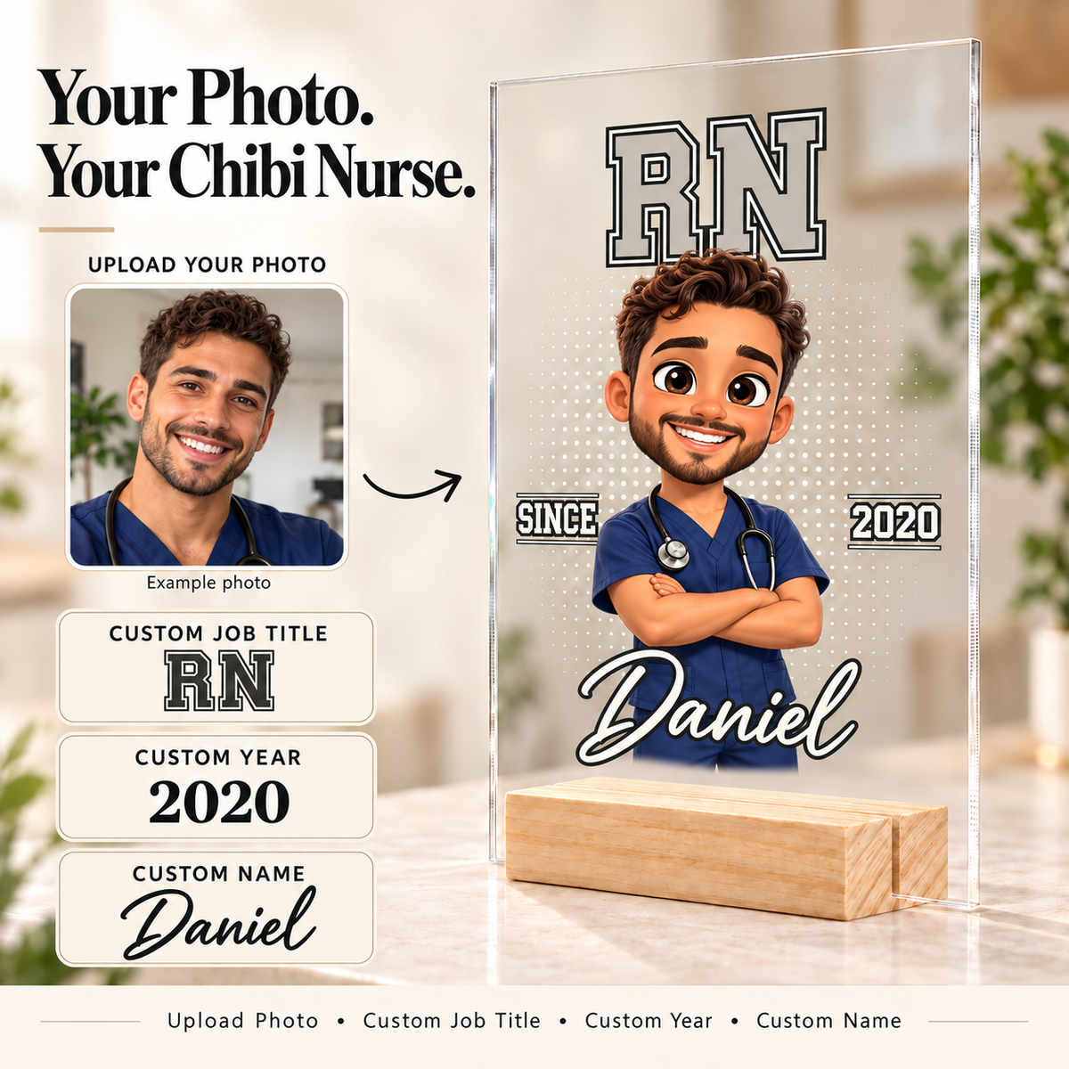 Personalized Chibi Nurse Acrylic Plaque, Custom Photo, Name, Year & Job Title Gift