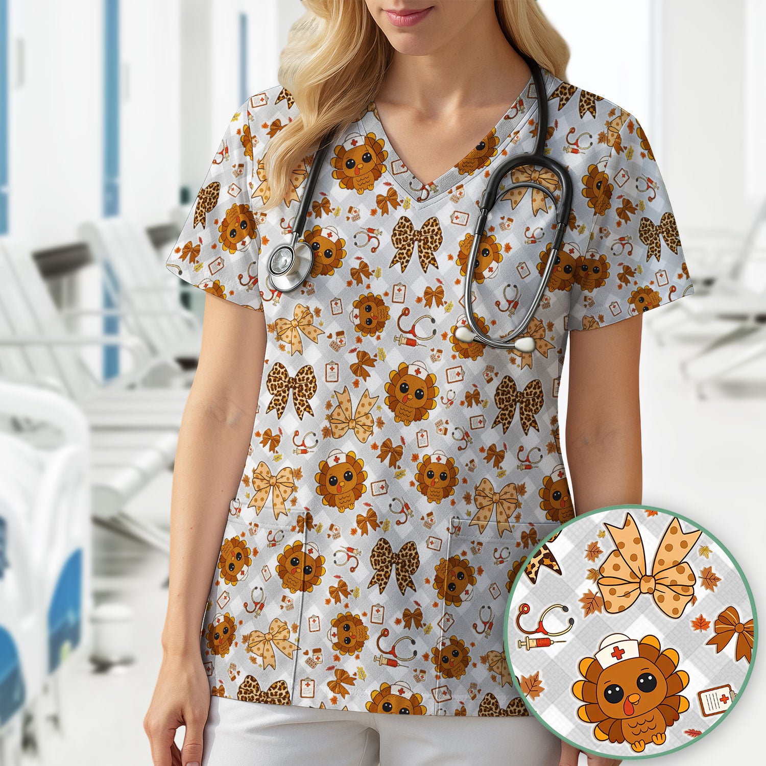 Thanksgiving Turkey Scrub Top for Nurses - Cute Fall Leaves and Bow Shirt - Funny Autumn Nursing Gift for Women RN LPN CNA