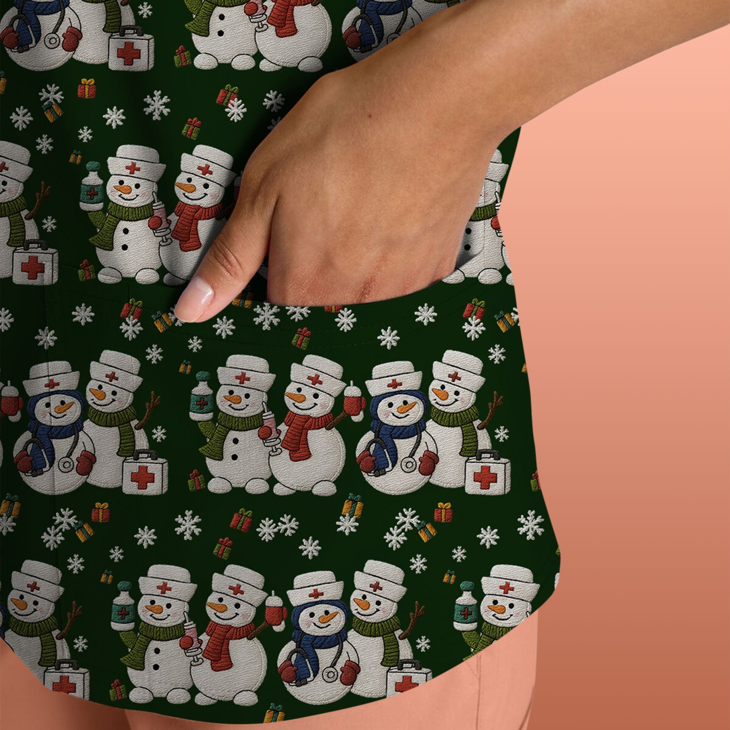 Cute Christmas Snowman Nurse Pattern Scrub Top, Breathable Fabrics Nursing Uniform
