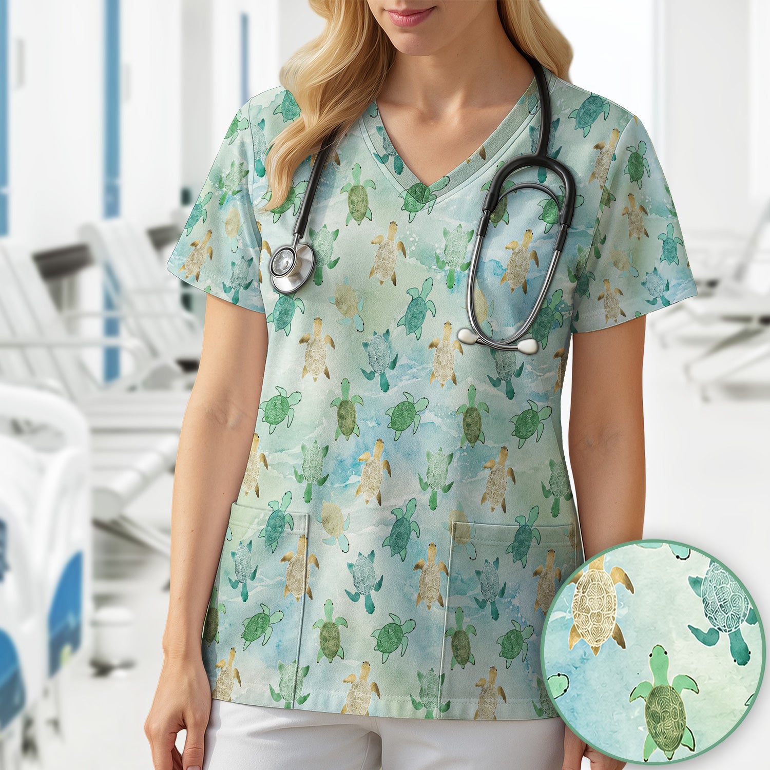 Watercolor Sea Turtle Pattern Scrub Top, Comfortable Scrubs for Nurses