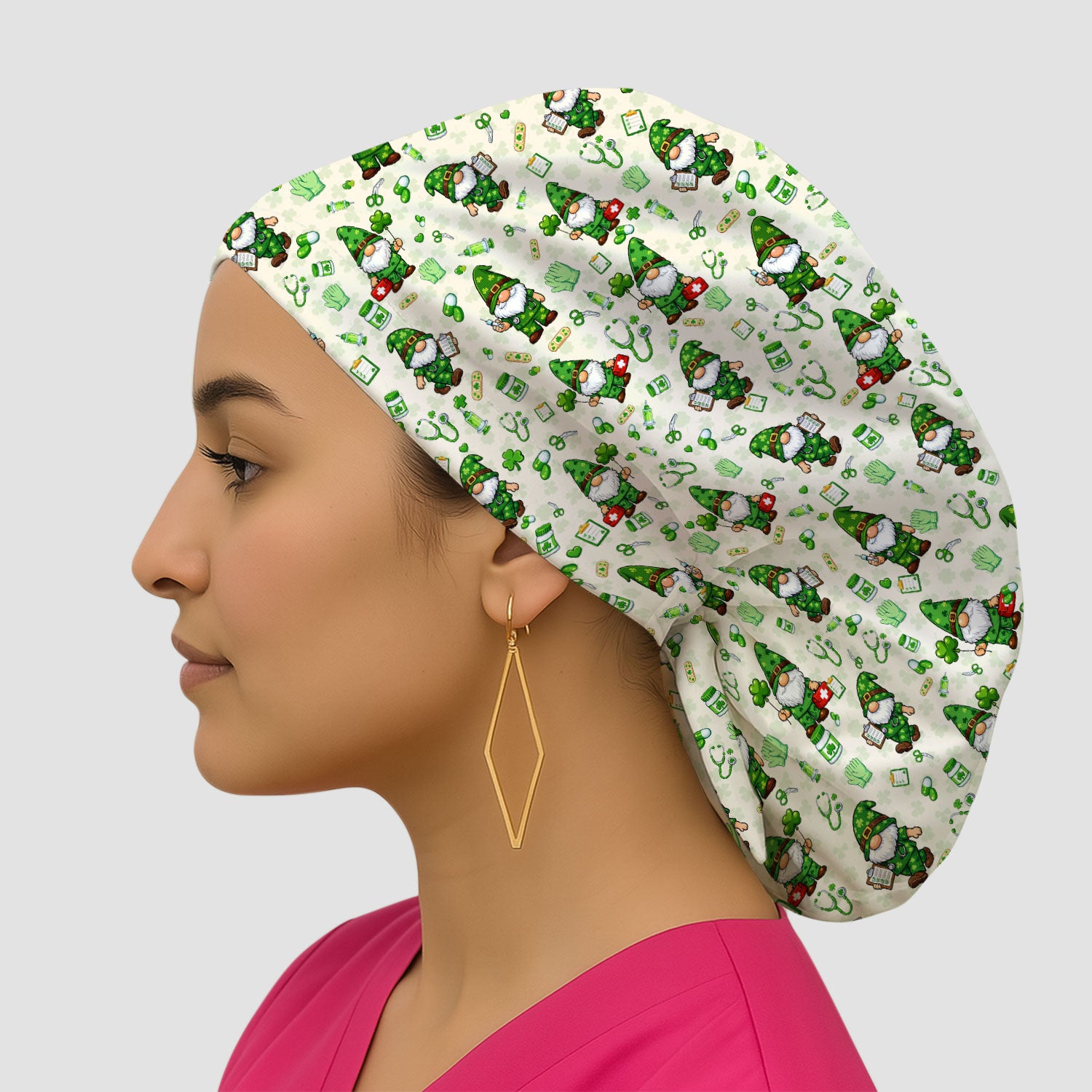 St. Patrick’s Day Nurse Gnome Scrub Cap, Green Lucky Medical Pattern Nurse Hat, Breathable Fabrics Nursing Uniform