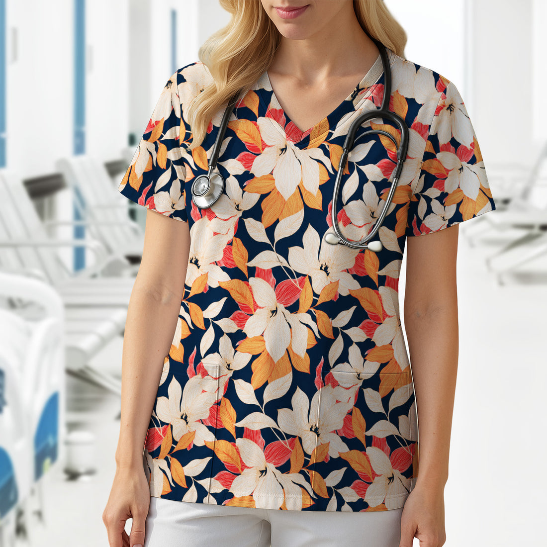 Elegant Ivory Lily Leaves Pattern Scrub Top, Comfortable Scrubs for Nurses