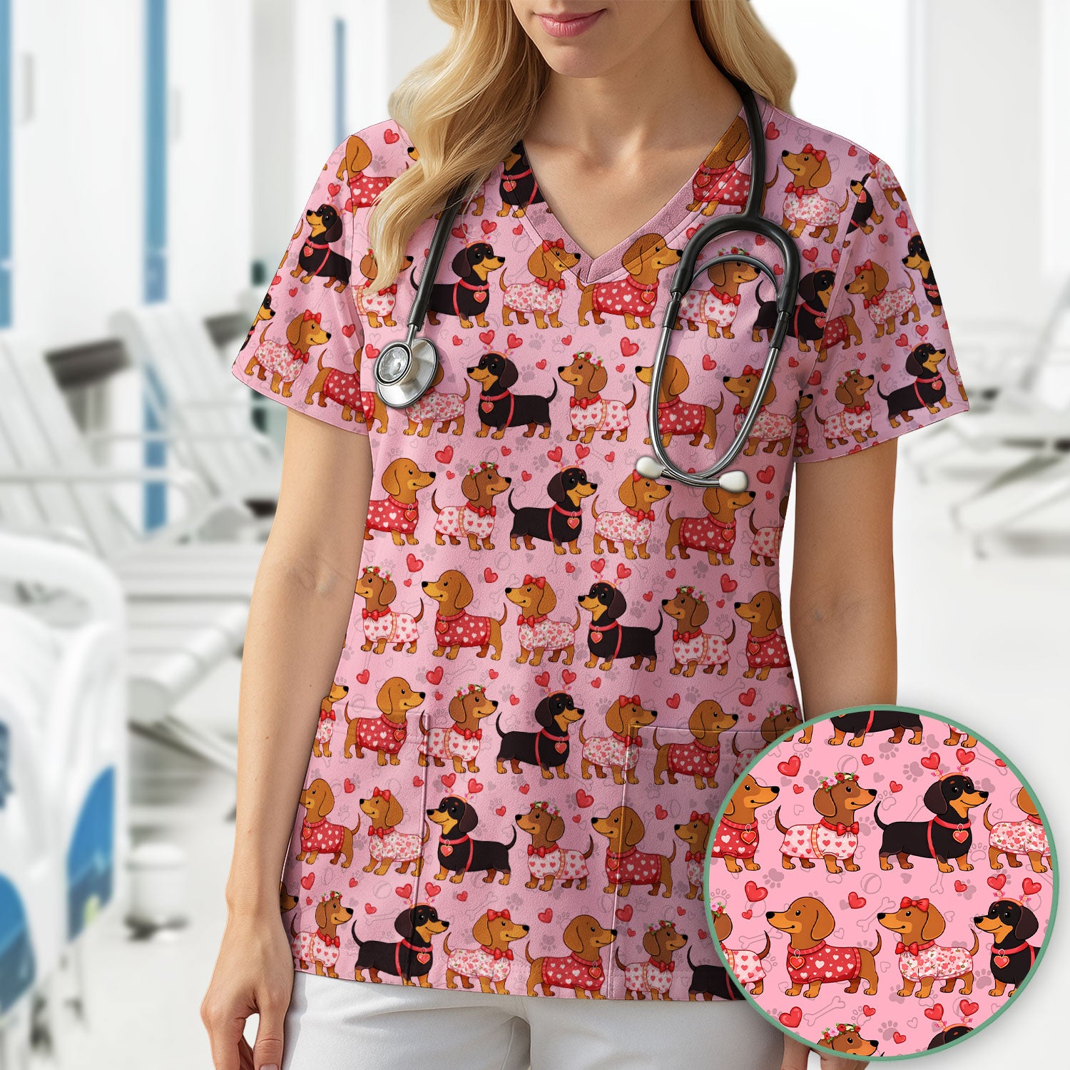 Valentine Dachshund Scrub Top, Wiener Dog Love Pattern Nurse Shirt, Breathable Fabrics Nursing Uniform