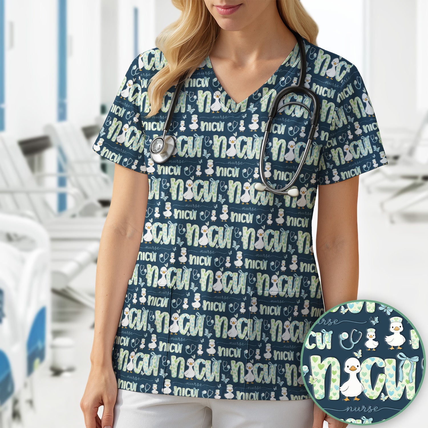 NICU Nurse Duck Pattern Scrub Top, Comfortable Scrubs for Nurses
