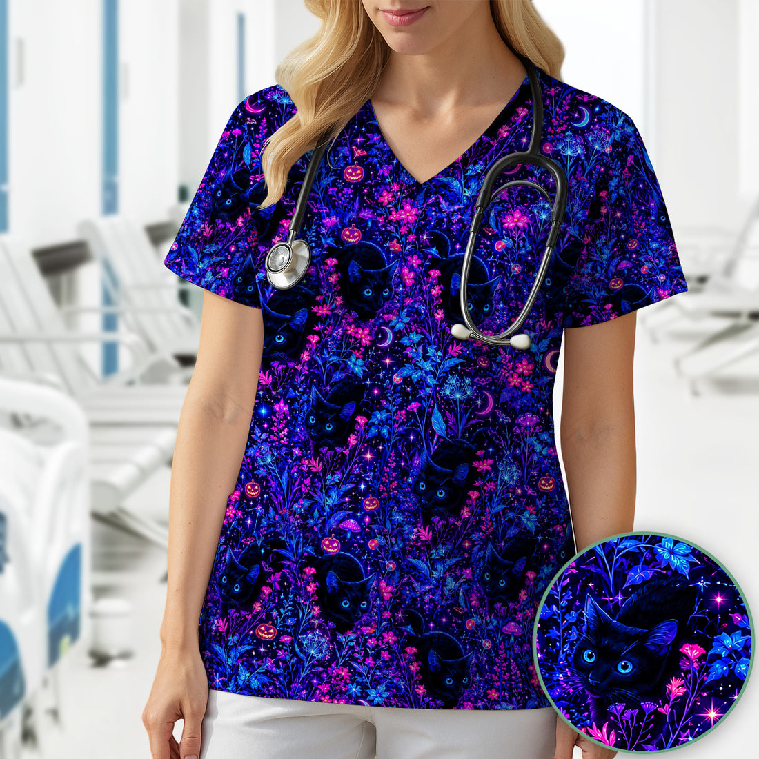 Spooky Black Cat Garden Pattern Scrub Top, Comfortable Scrubs for Nurses