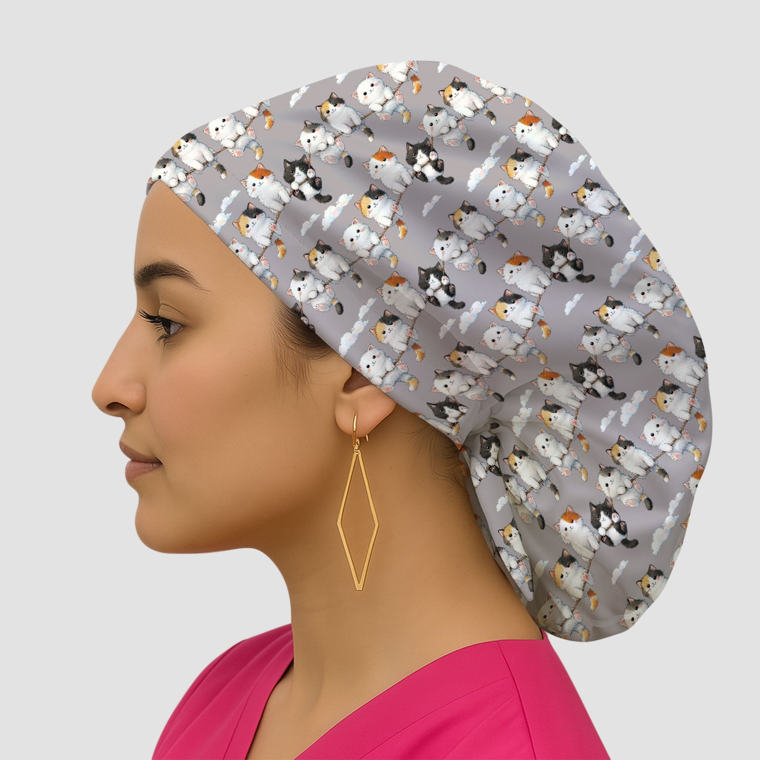 Cute Cats Sitting on Rope Pattern Caps, Bouffant Scrub Caps for Women