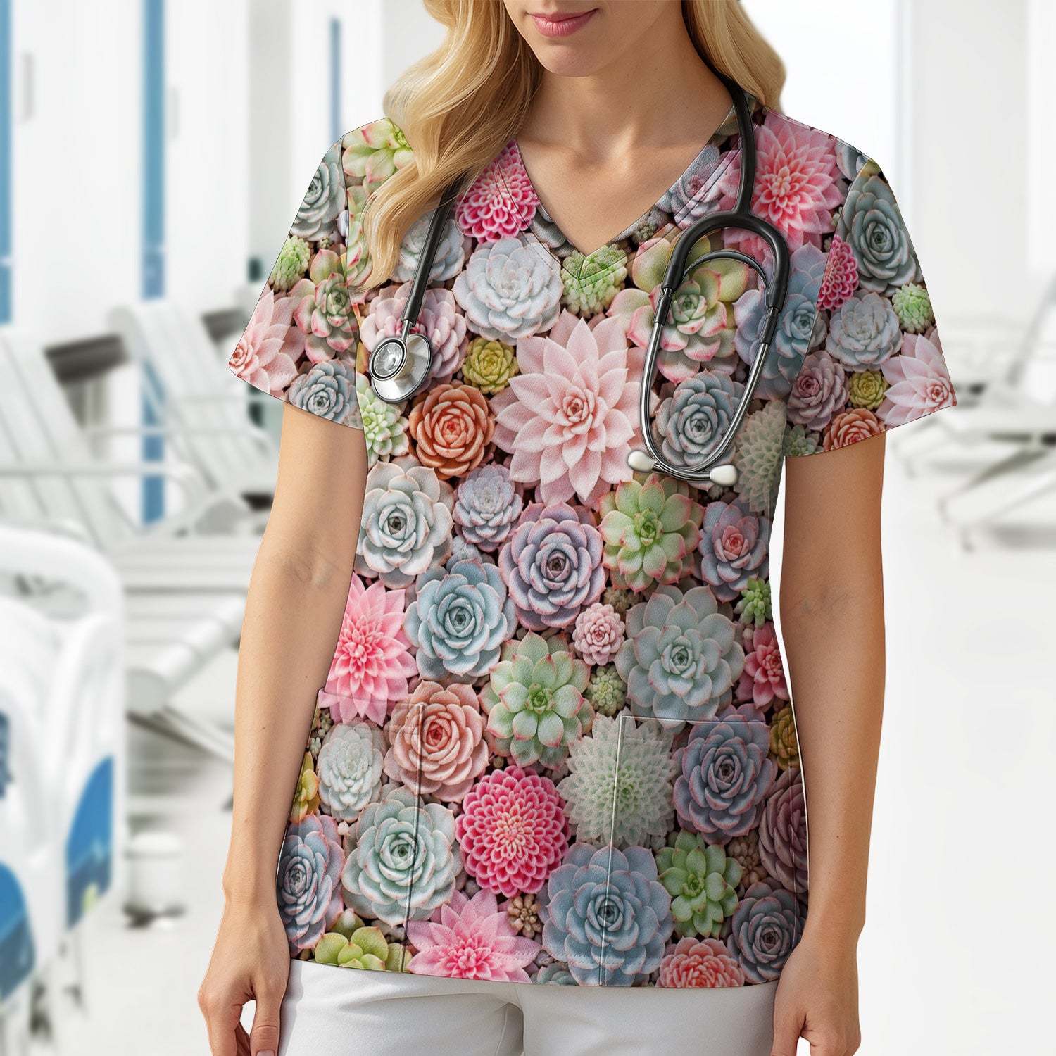 Cute Pastel Succulent Blossom Pattern Scrub Top, Comfortable Scrubs for Nurses