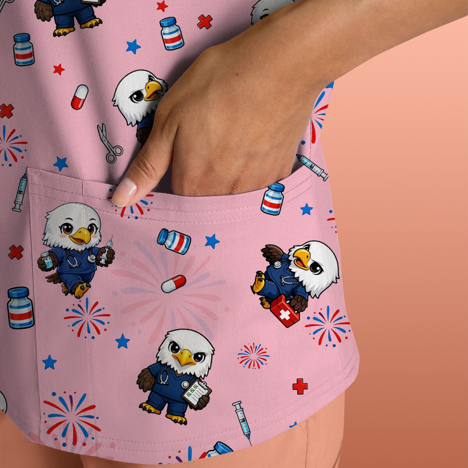 Patriotic Nurse Eagle Fireworks Medical Pattern Scrub Top, Breathable Fabrics Nursing Uniform