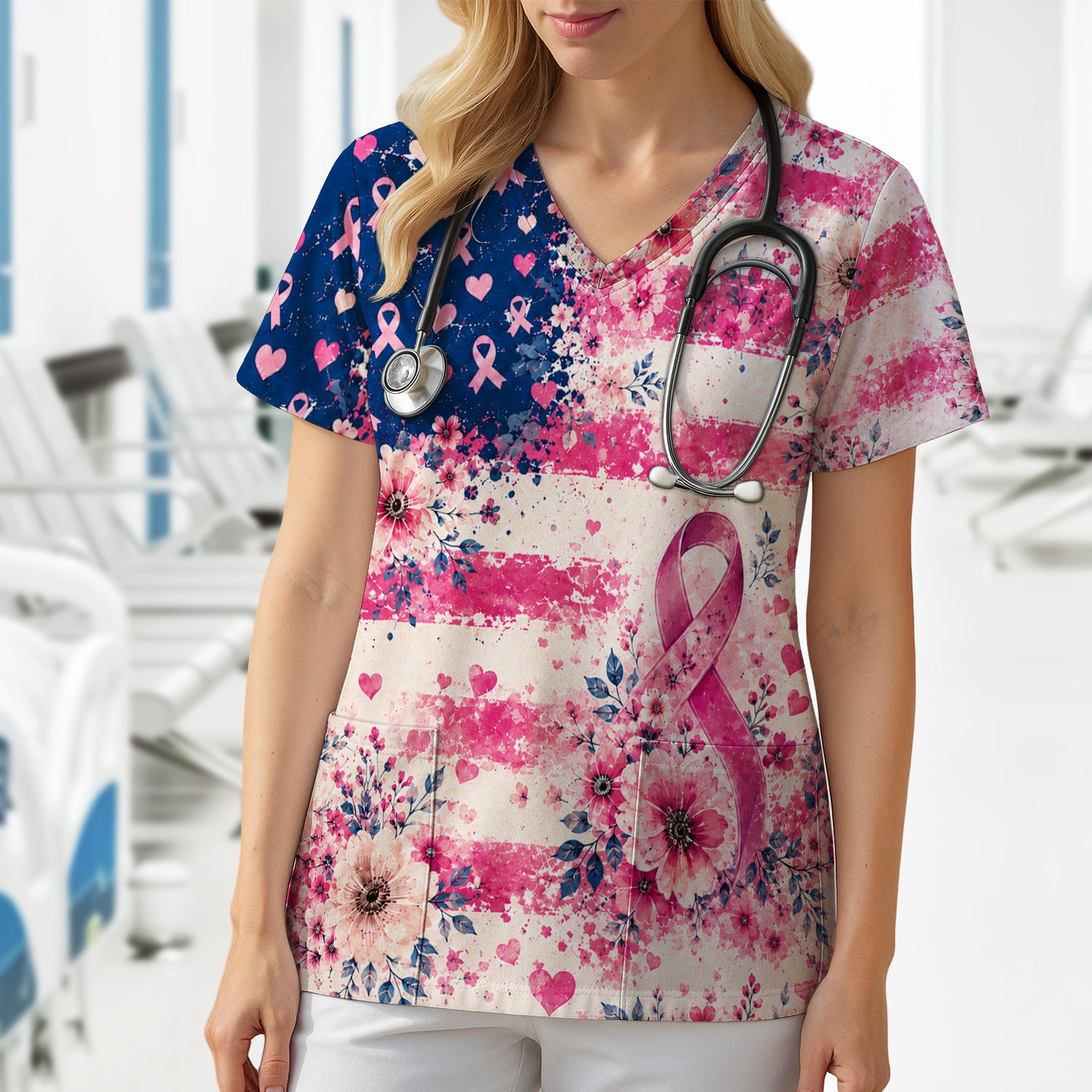 Breast Cancer Floral Flag Nurse Scrub Top for Oncology RN, Pink Ribbon Awareness Uniform