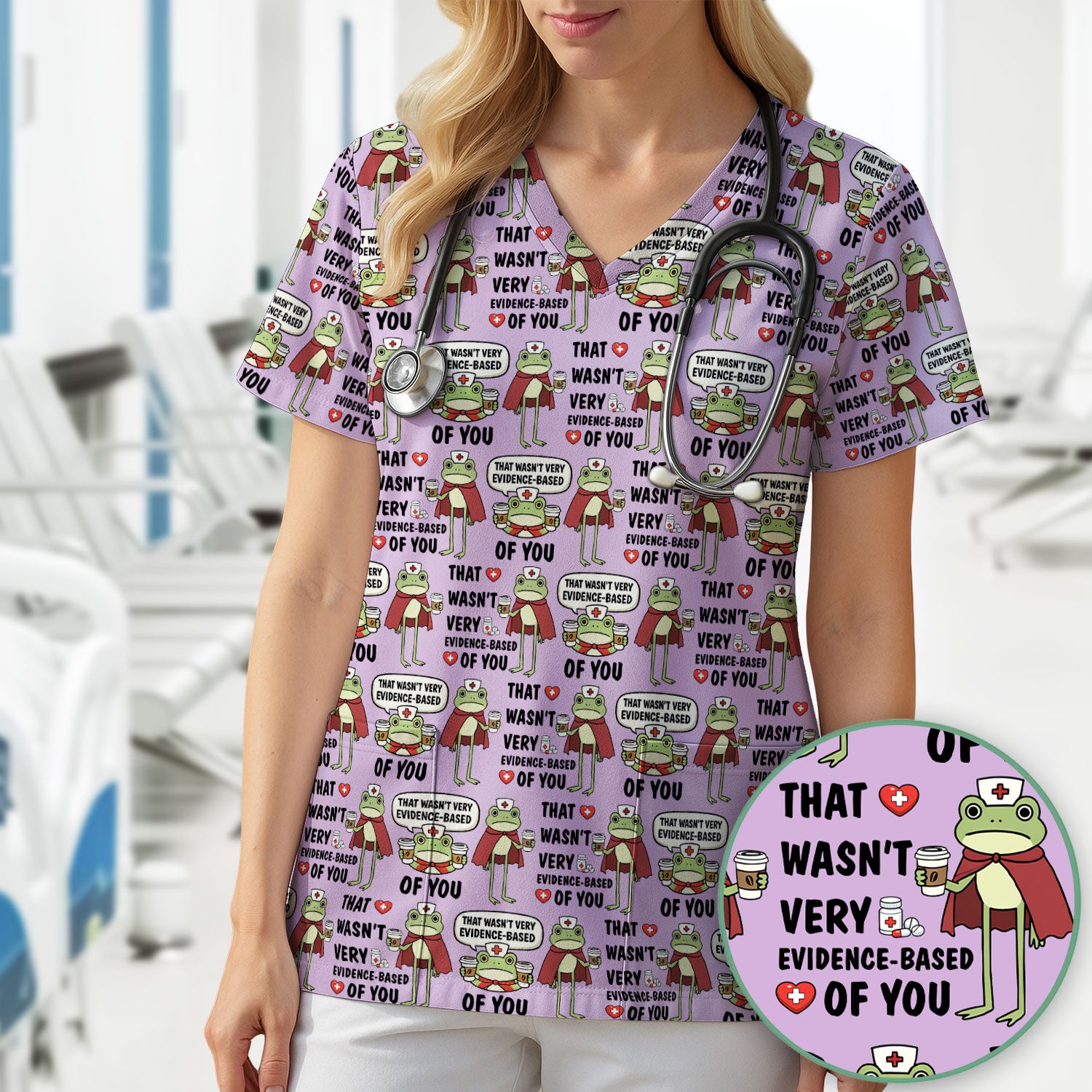 Funny Frog Nurse Quote Medical Pattern Scrub Top, Breathable Fabrics Nursing Uniform