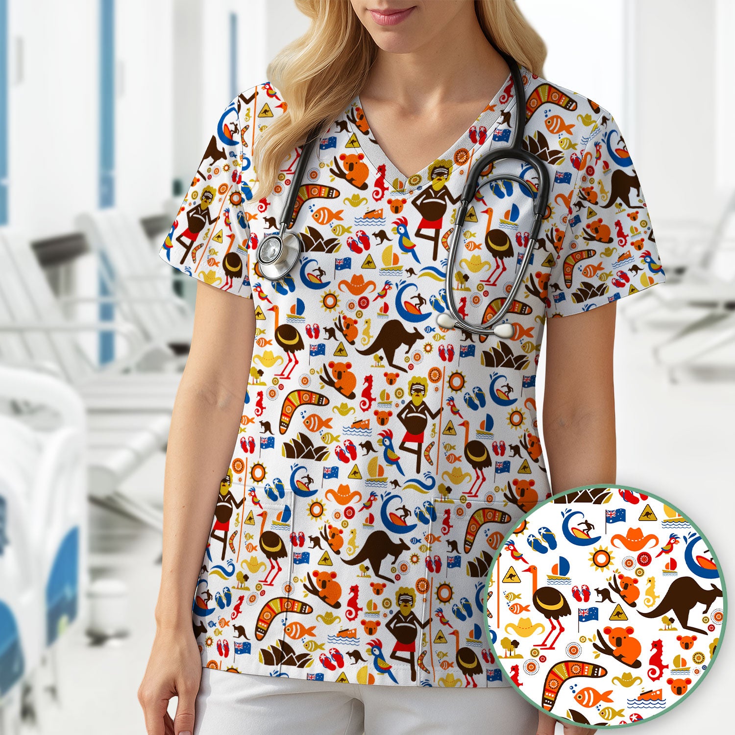 Indigenous Inspired Icon Scrub Top, Australia Culture Pattern Nurse Shirt, Comfortable Scrubs For Nursing