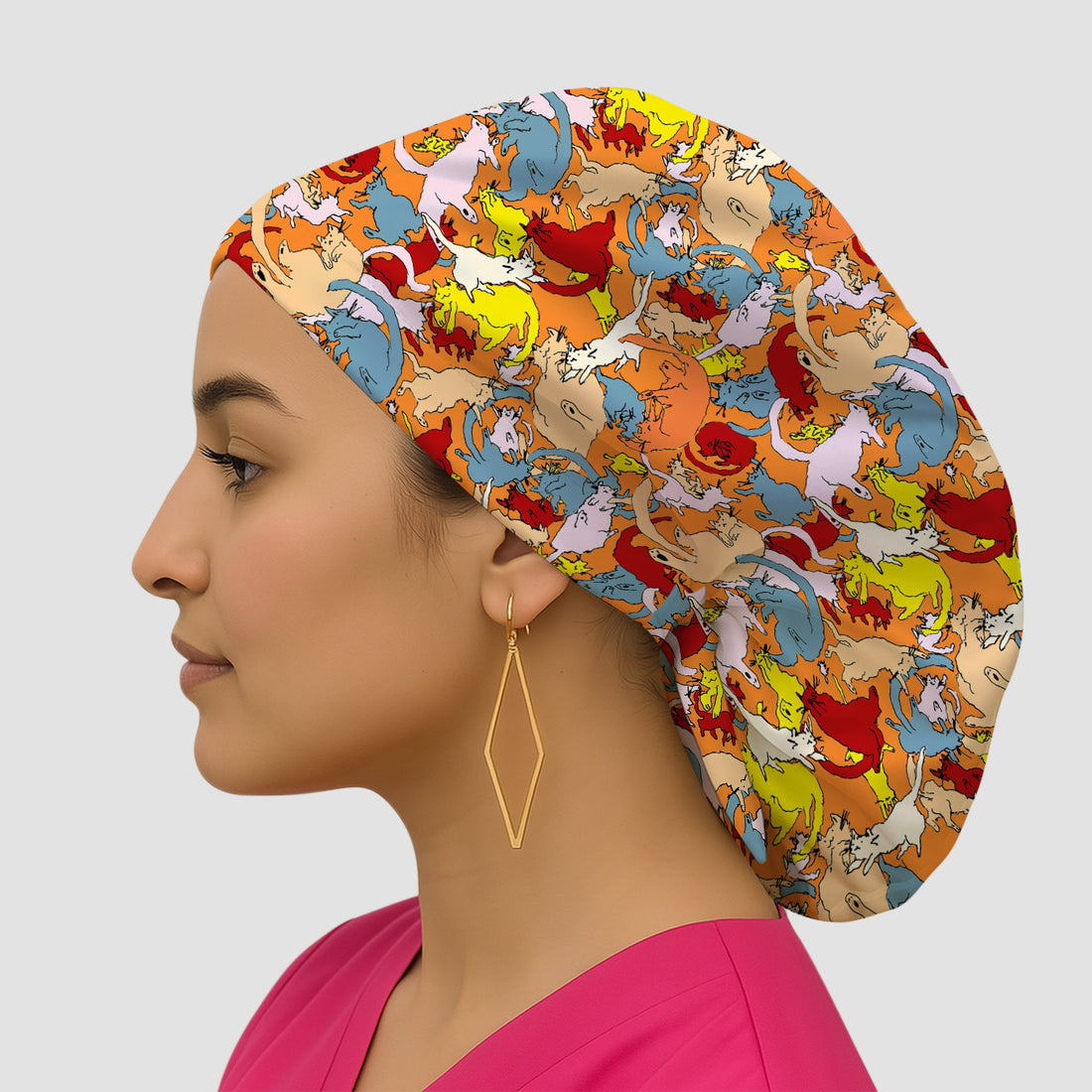 Colorful Cat Chaos Illustration Pattern Nurse Scrub Cap, Surgical Caps for Doctors