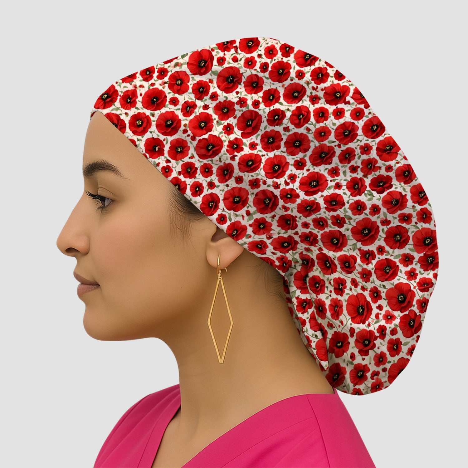 Pretty Red Poppy Flower Garden Pattern Nurse Scrub Cap, Surgical Caps for Doctors