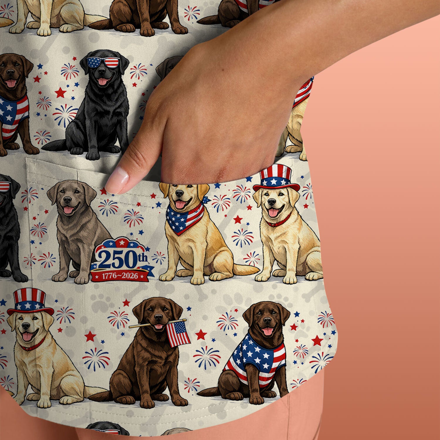 4th of July Labrador Dog Patriotic Print Scrub Top, USA Flag Nursing Uniform for Women