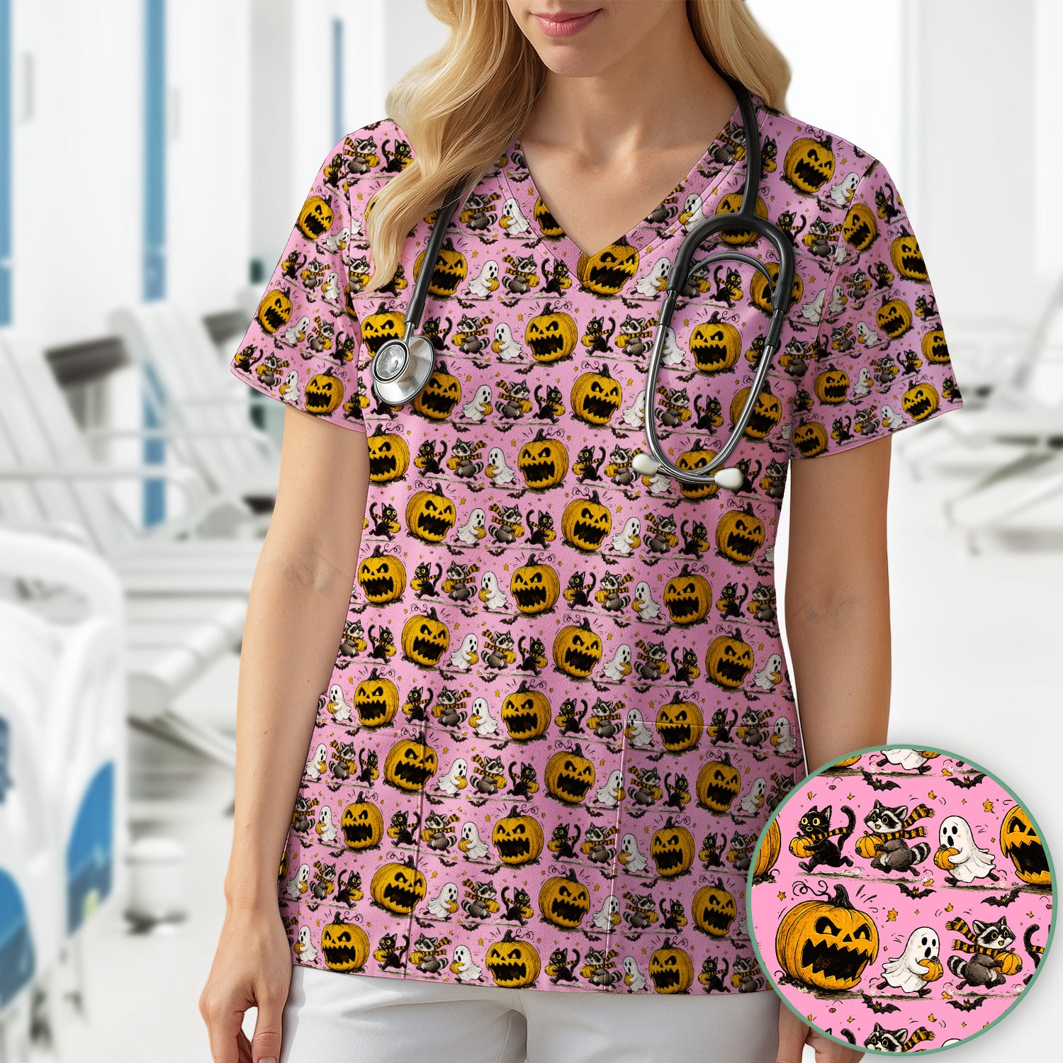 Spooky Halloween Woodland Critters Pattern Scrub Top, Comfortable Scrubs for Nurses