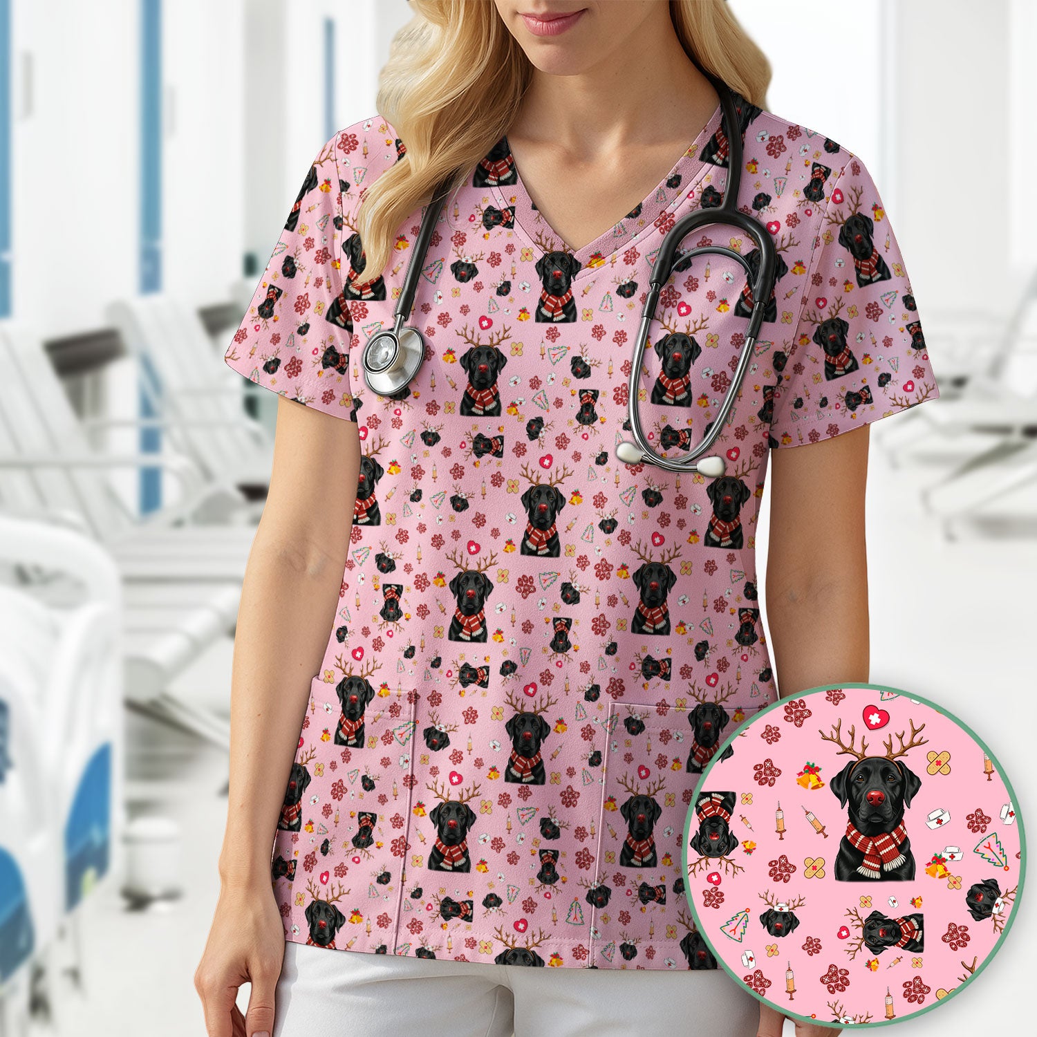 Black Lab Christmas Scrub Top - Funny Labrador Nurse Shirt - Cute Holiday Medical Uniform for Women RN LPN CNA Gift