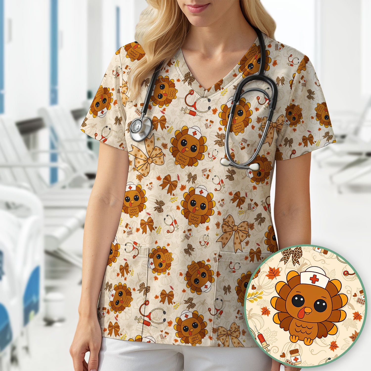 Thanksgiving Turkey Scrub for Nurses - Breathable Fabrics Nursing Uniform - Autumn Med Shirt Gift for Women