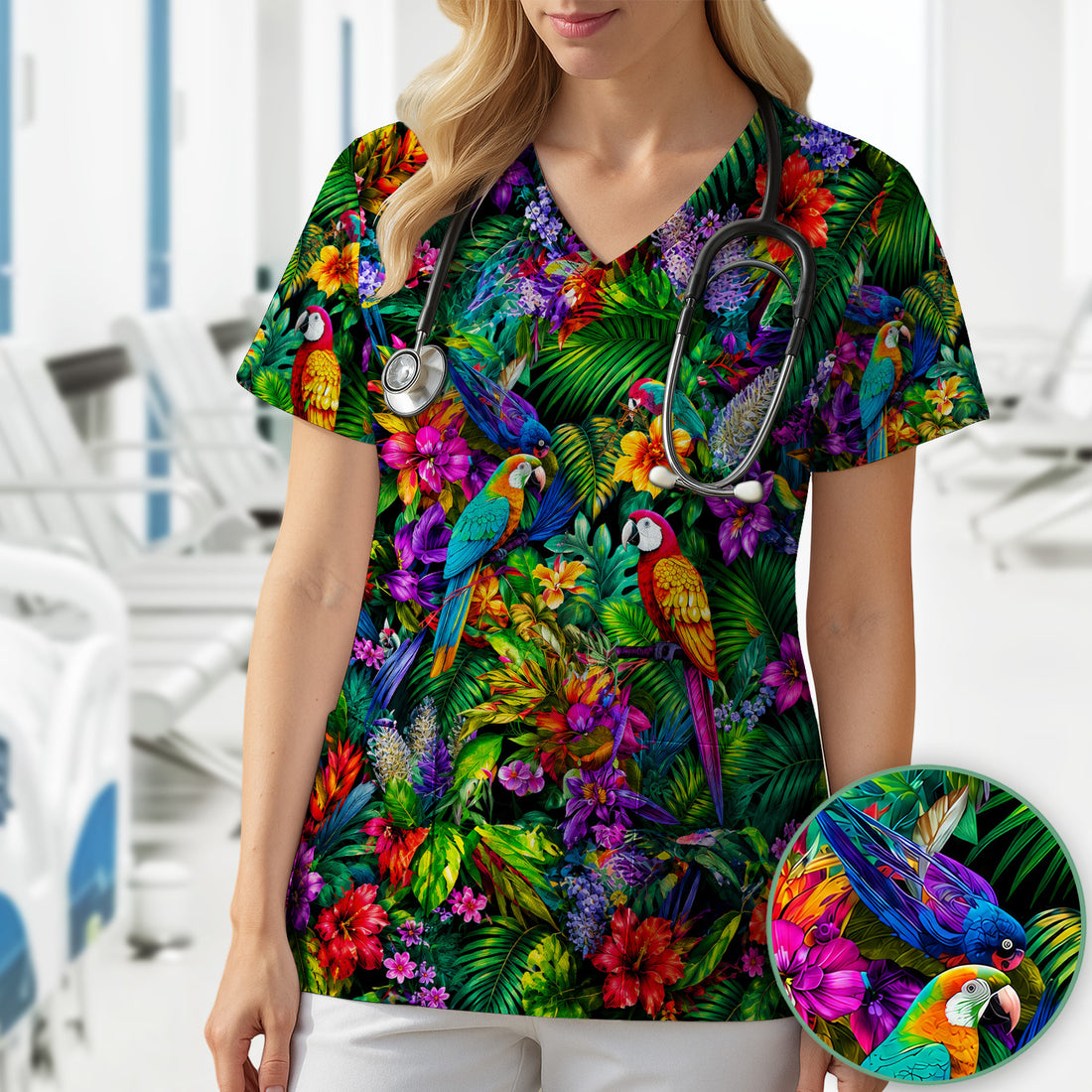 Tropical Parrot Jungle Blossom Pattern Scrub Top, Comfortable Scrubs for Nurses