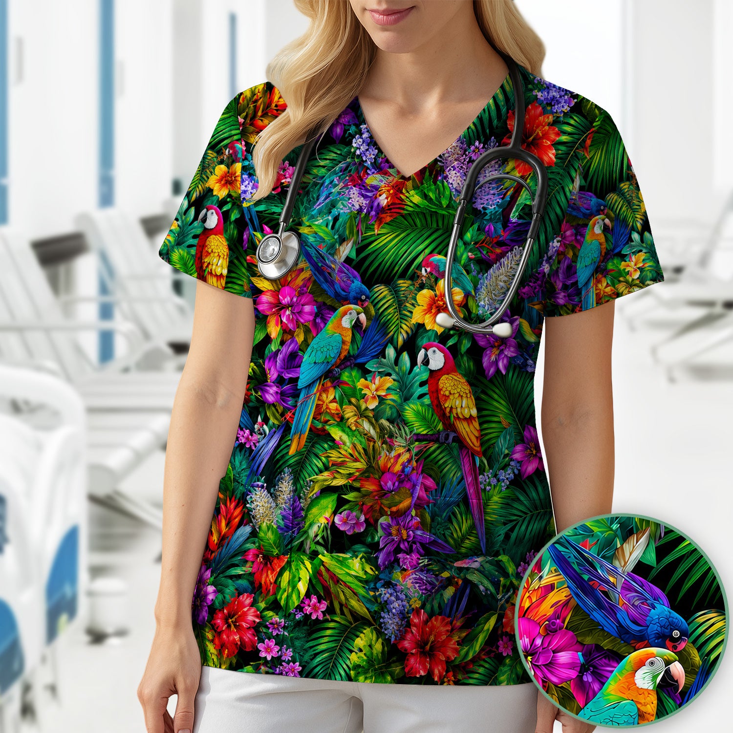 Tropical Parrot Jungle Blossom Pattern Scrub Top, Comfortable Scrubs for Nurses