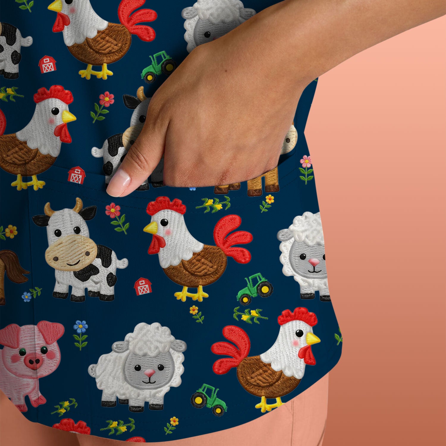 Cartoon Farm Animal Pattern Scrub Top, Breathable Fabrics Nursing Uniform