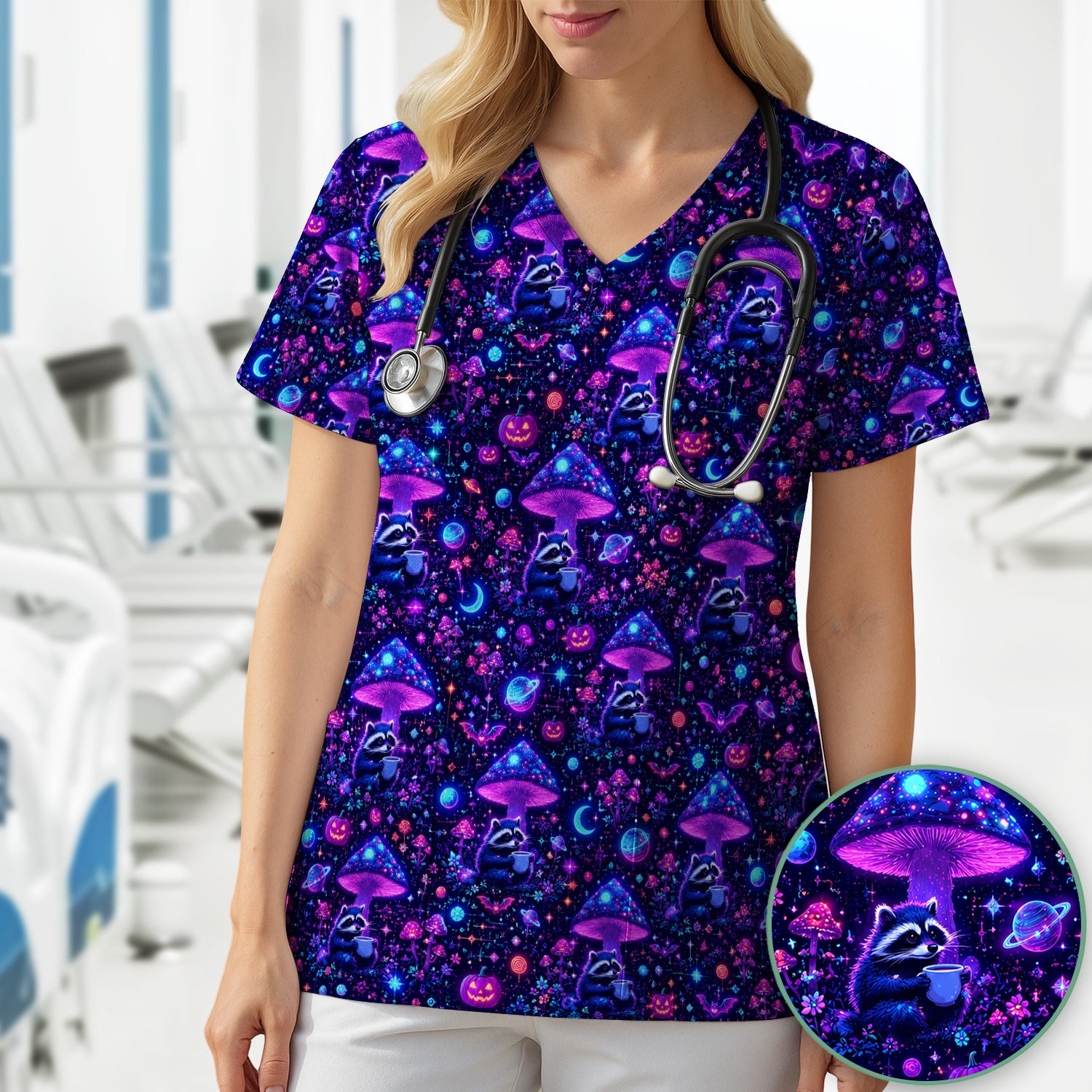 Halloween Raccoon And Mushrooms Scrub Top, Comfortable Scrubs for Nurses