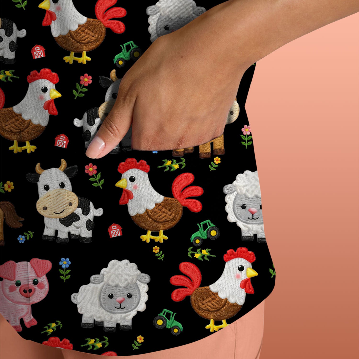Cartoon Farm Animal Pattern Scrub Top, Breathable Fabrics Nursing Uniform