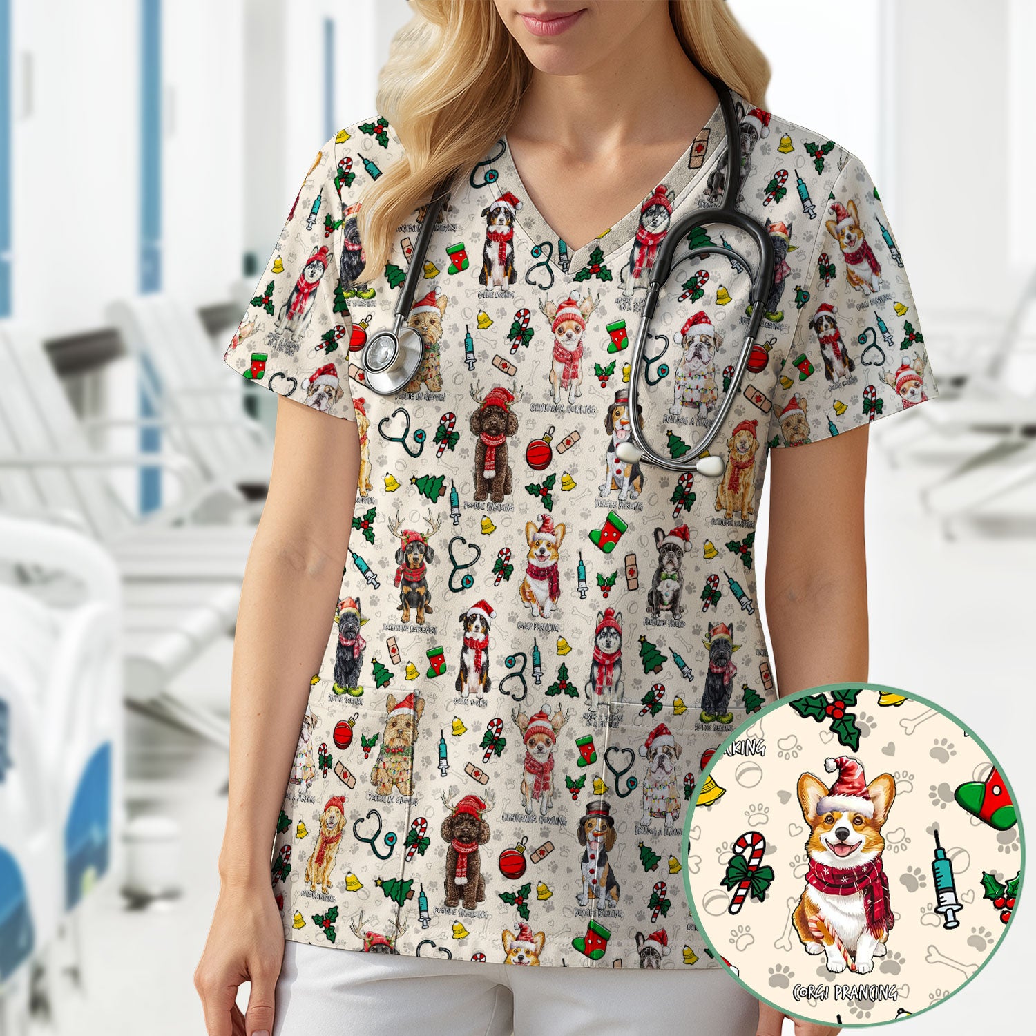 Christmas Dog Scrubs for Nurses – Dachshund, Husky, Poodle, Corgi & Labrador Holiday Scrub Top – Funny Santa Pattern Medical Shirt
