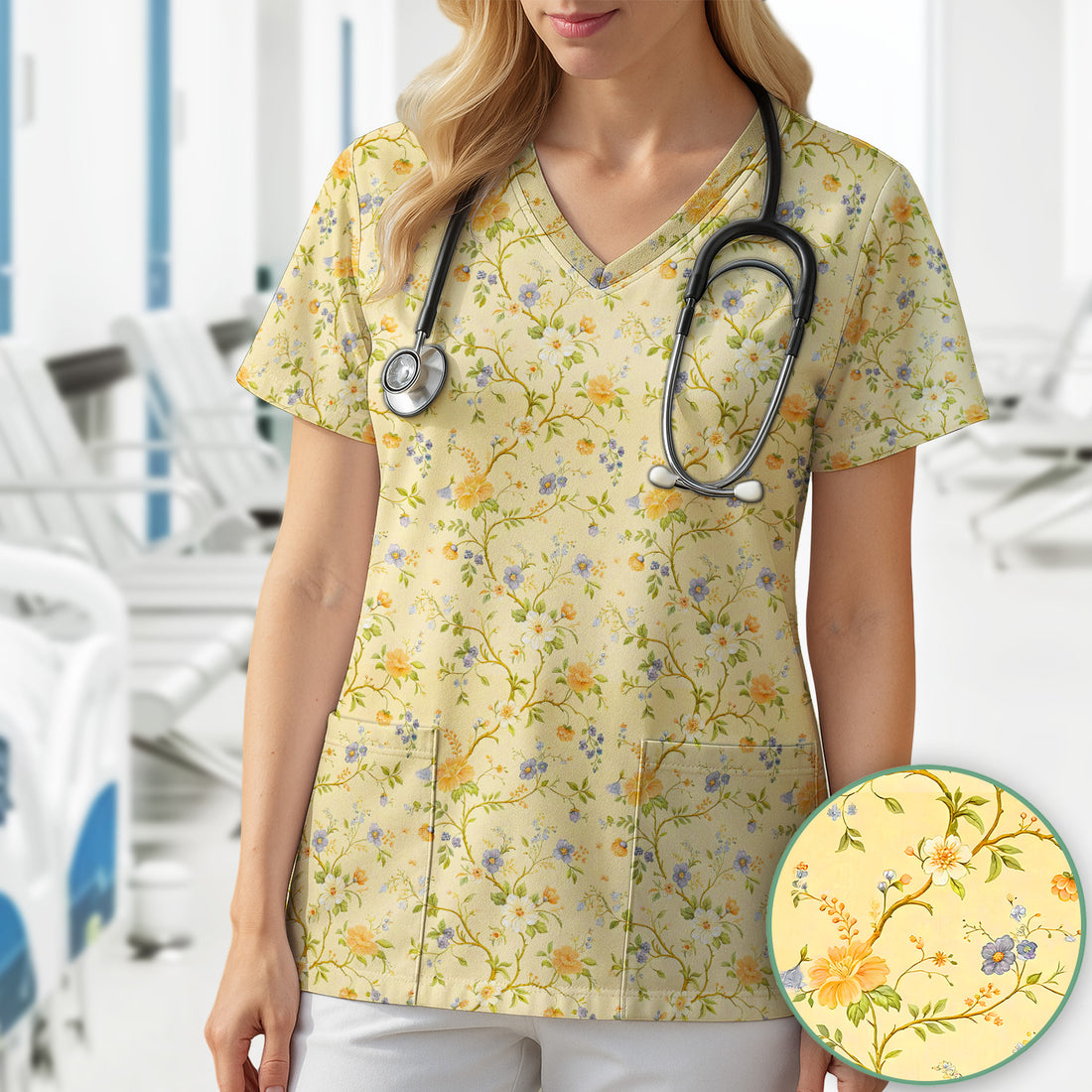 Sunny Wildflower Garden Floral Scrub Top, Comfortable Scrubs for Nurses