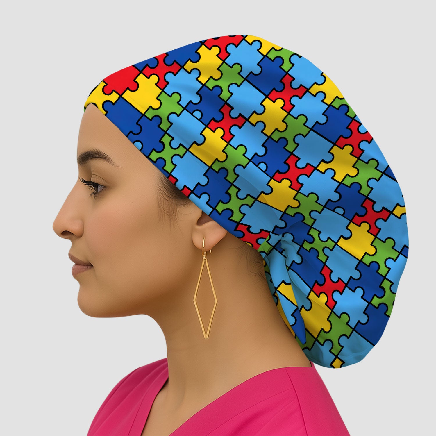 Autism Support Squad Puzzle Ribbon Print Caps, Bouffant Scrub Caps for Women