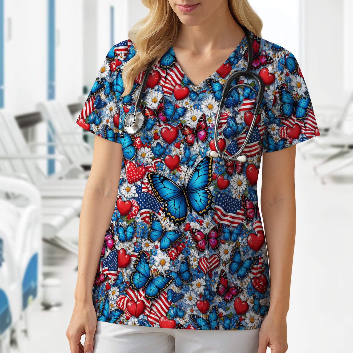 Festive Patriotic Butterfly Heart Floral Pattern Scrub Top, Comfortable Scrubs for Nurses