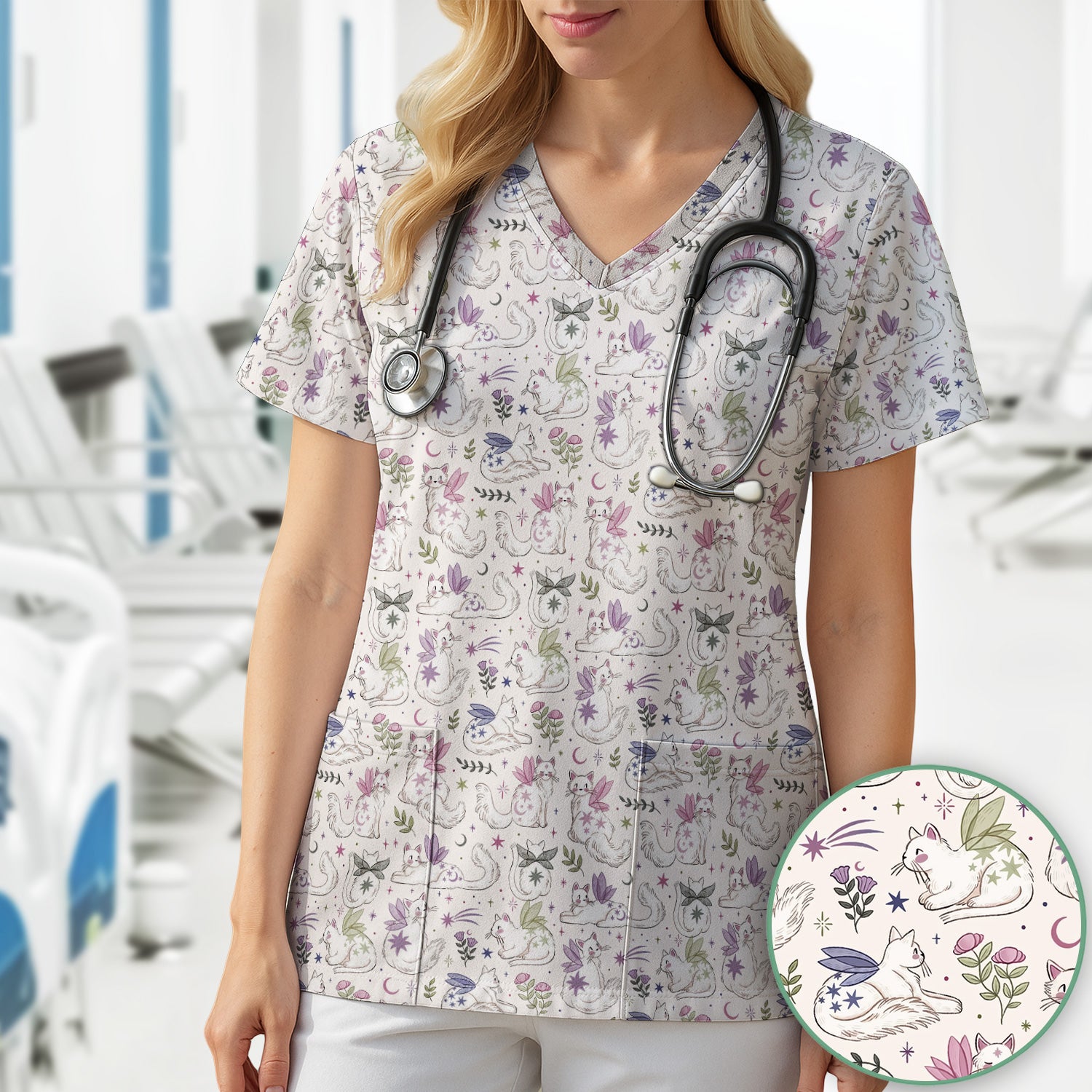 Cute Fairy Cat Moon Star Floral Pattern Scrub Top, Comfortable Scrubs for Nurses