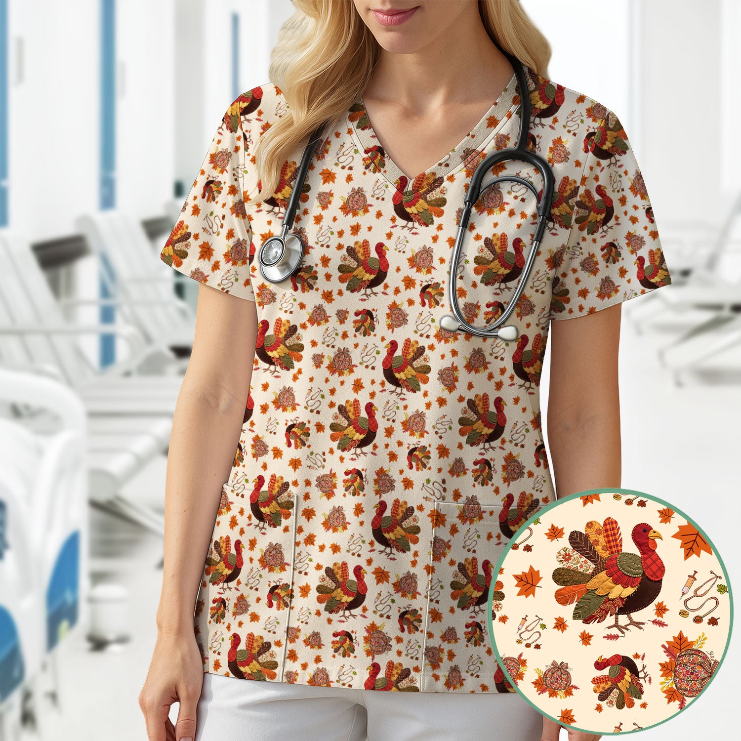 Thanksgiving Turkey Nurse Scrub Top for Women - Fall Leaves Pattern Shirts - Autumn Nursing Uniform Gift for RN LPN CNA
