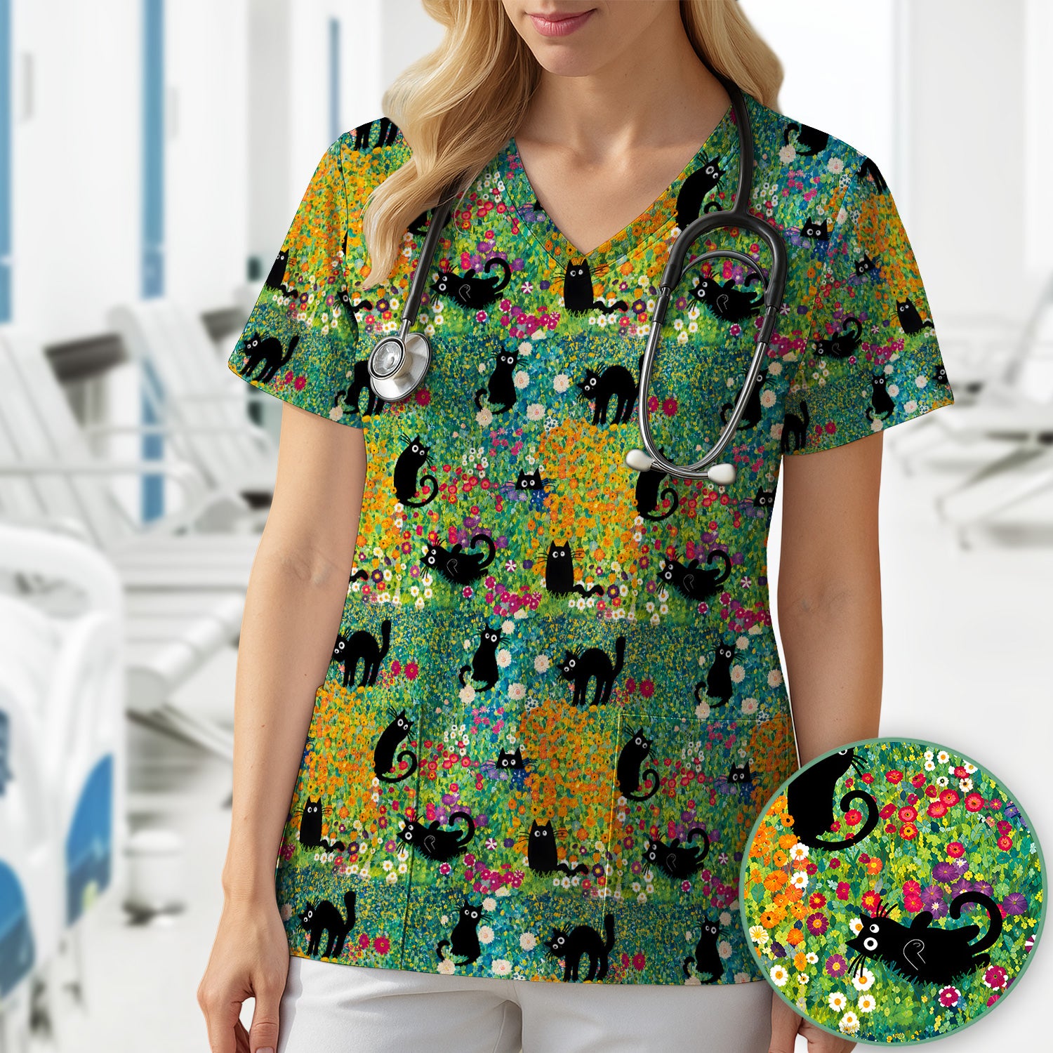Black Cat Flower Garden Pattern Scrub Top for RN, CNA, Floral Medical Uniform