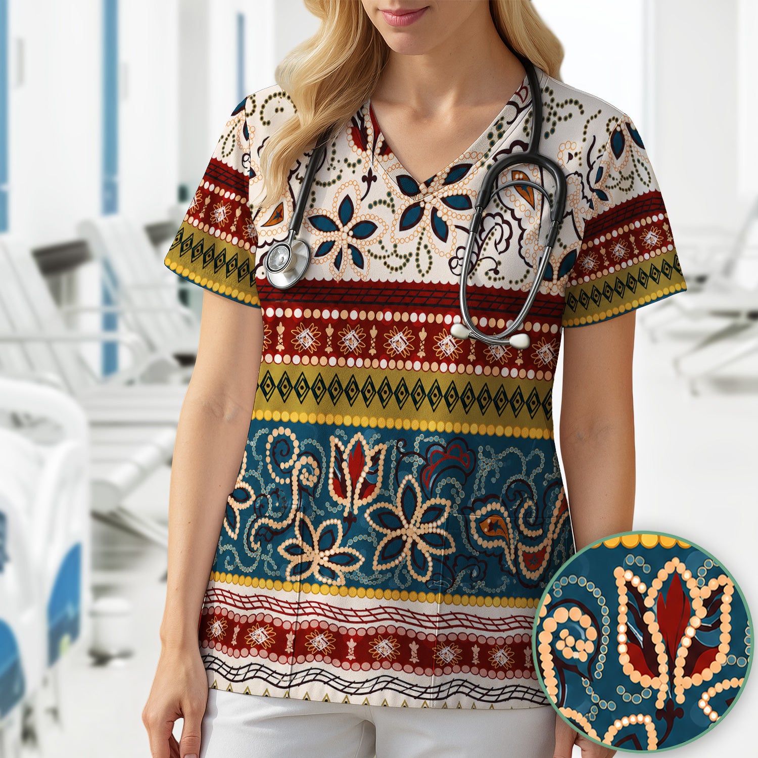 Boho Paisley Floral Stripe Pattern Scrub Top, Comfortable Scrubs for Nurses