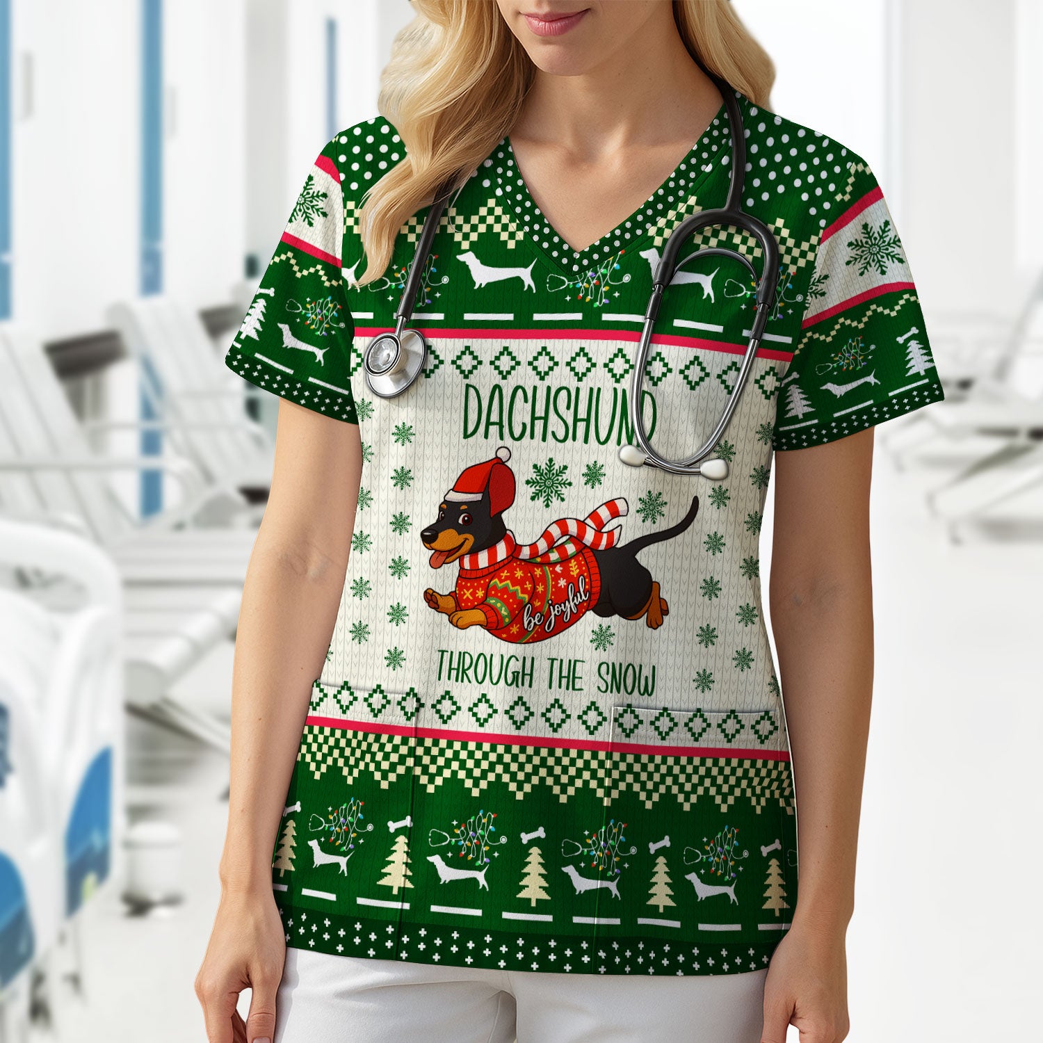 Wiener Dog Through The Snow Christmas Scrub Top - Cute Dachshund Nurse Shirt - Funny Holiday Medical Uniform