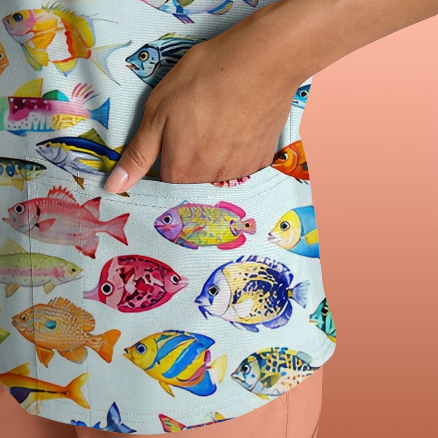 Colorful Tropical Fish Print Scrub Top, Comfortable Scrubs for Nurses