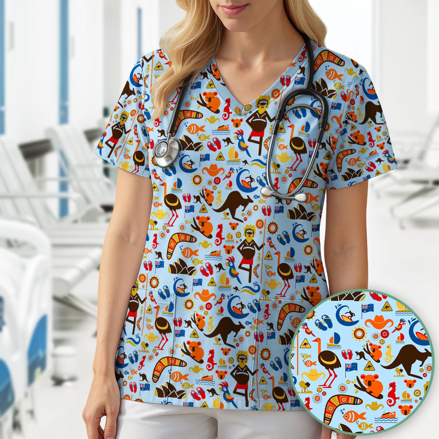 Indigenous Inspired Icon Scrub Top, Australia Culture Pattern Nurse Shirt, Comfortable Scrubs For Nursing