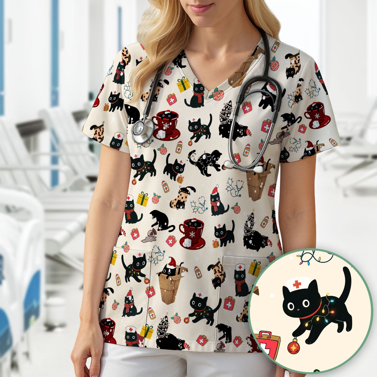 Christmas Cat Scrub Top for Nurse - Funny Black Cats Shirt - Cute Holiday Medical Uniform for Women