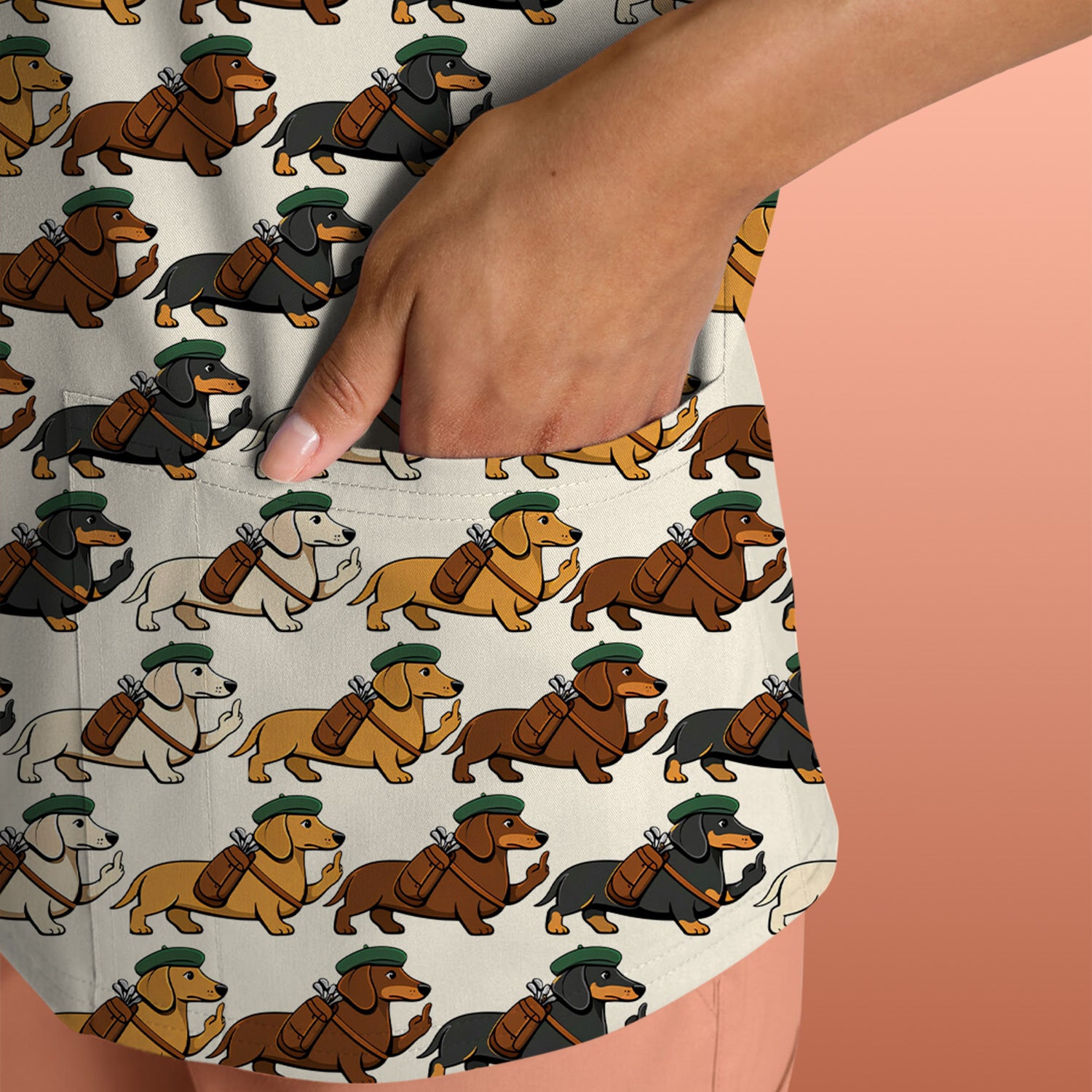 Cartoon Dachshund Dog Wearing Hat And Backpack Pattern Scrub Top, Breathable Fabrics Nursing Uniform