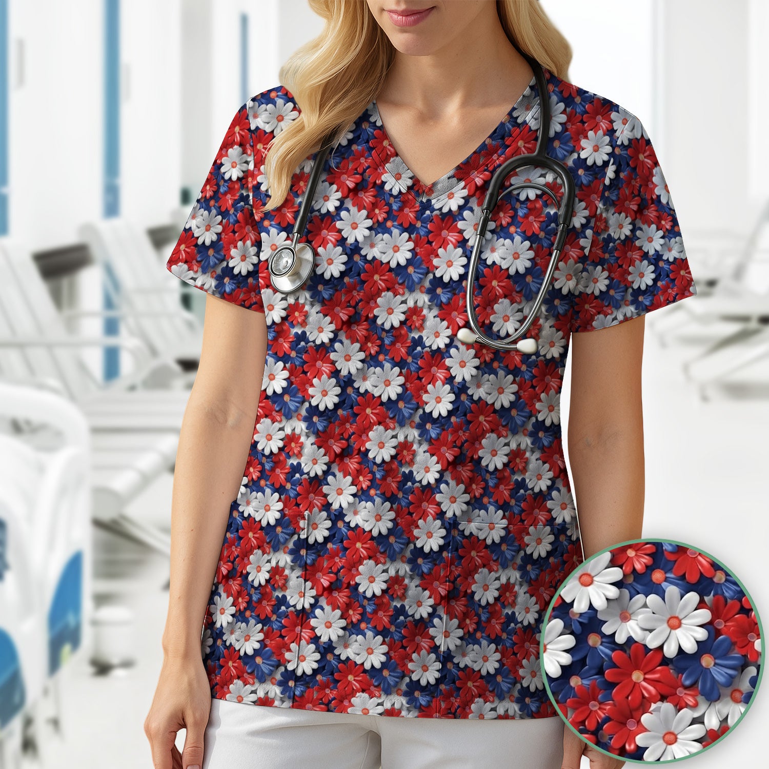 Festive Patriotic Daisy Bloom Pattern Scrub Top, Comfortable Scrubs for Nurses