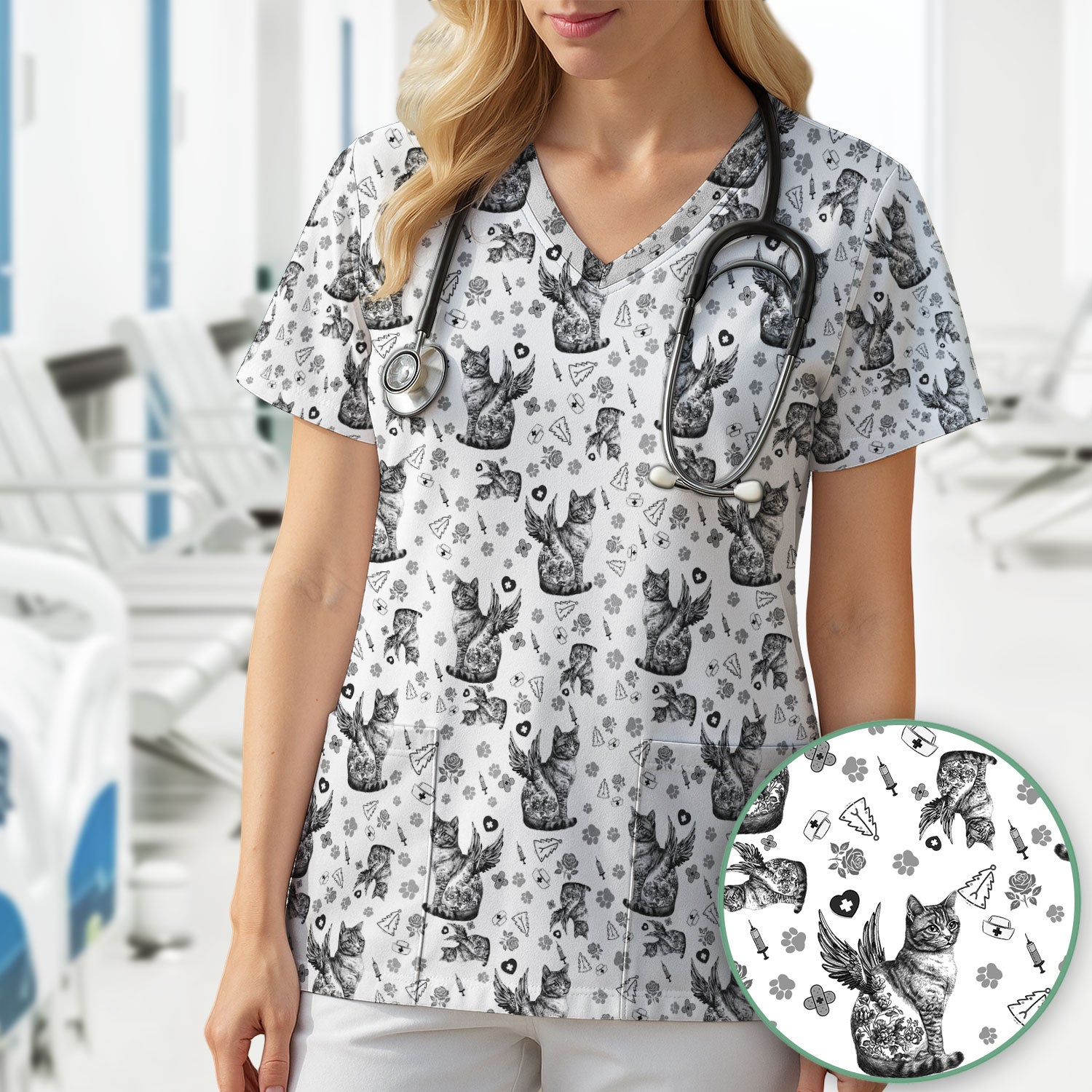 Toile de Jouy Cat Angel Scrub Top - Blue Vintage Nurse Shirt - French Style Medical Uniform for Women RN LPN CNA Gift