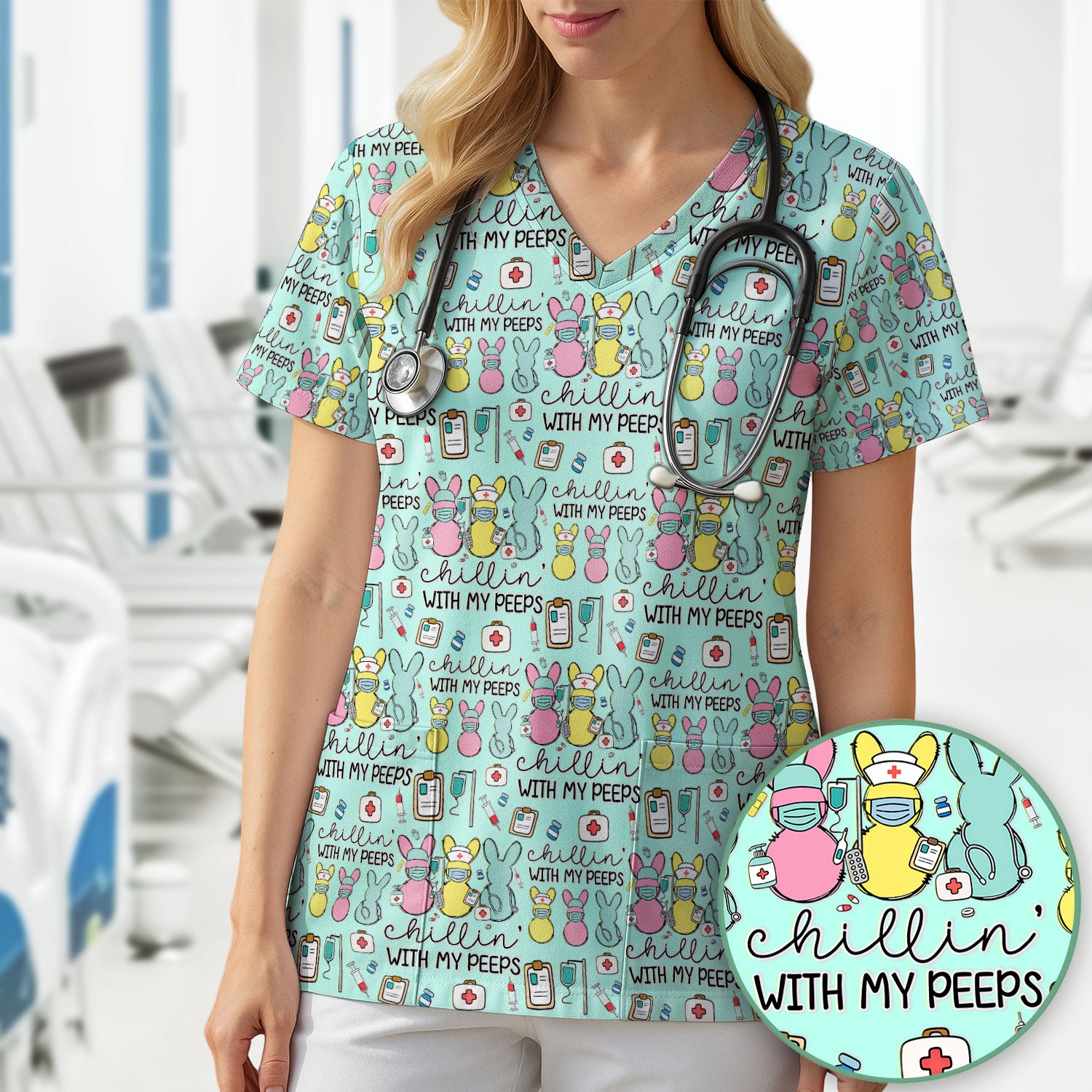 Cute Bunny Nurse Chillin With My Peeps Scrub Top, Comfortable Scrubs for Nurses, Easter