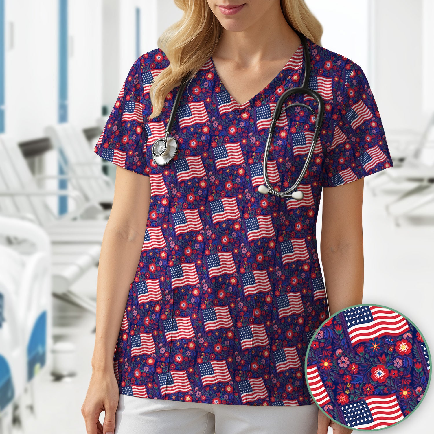 Patriotic USA Flag With Floral Fireworks Pattern Scrub Top, Breathable Fabrics Nursing Uniform