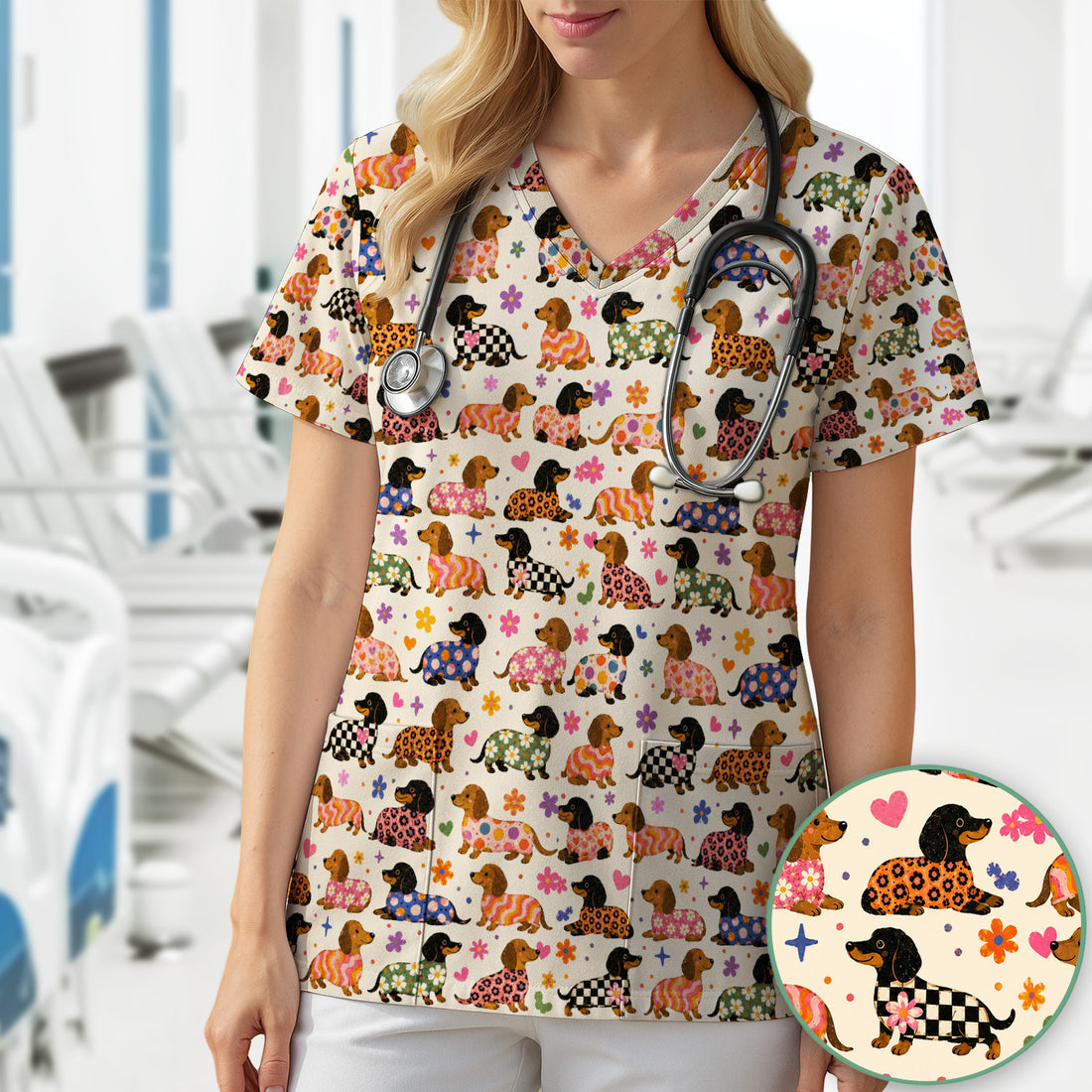 Floral Dachshund Print Scrub Top, Comfortable Scrubs for Nurses