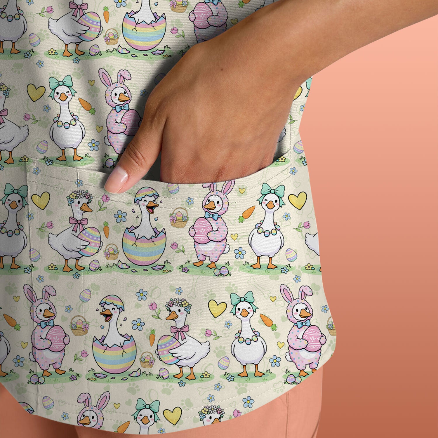 Pastel Easter Goose Bunny Egg Pattern Scrub Top, Comfortable Scrubs for Nurses