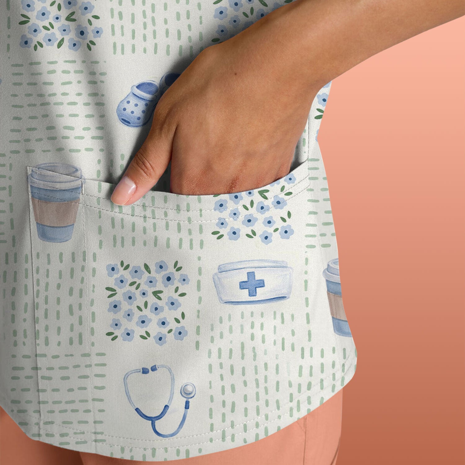 Cute Medical Essentials Pattern Scrub Top, Comfortable Scrubs for Nurses
