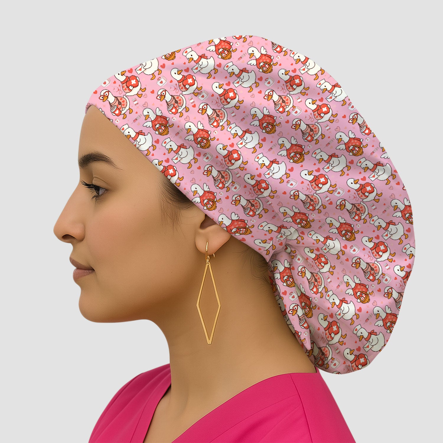 Valentine Goose Nurse Scrub Cap, Heart Medical Pattern Nurse Hat, Breathable Fabrics Nursing Uniform